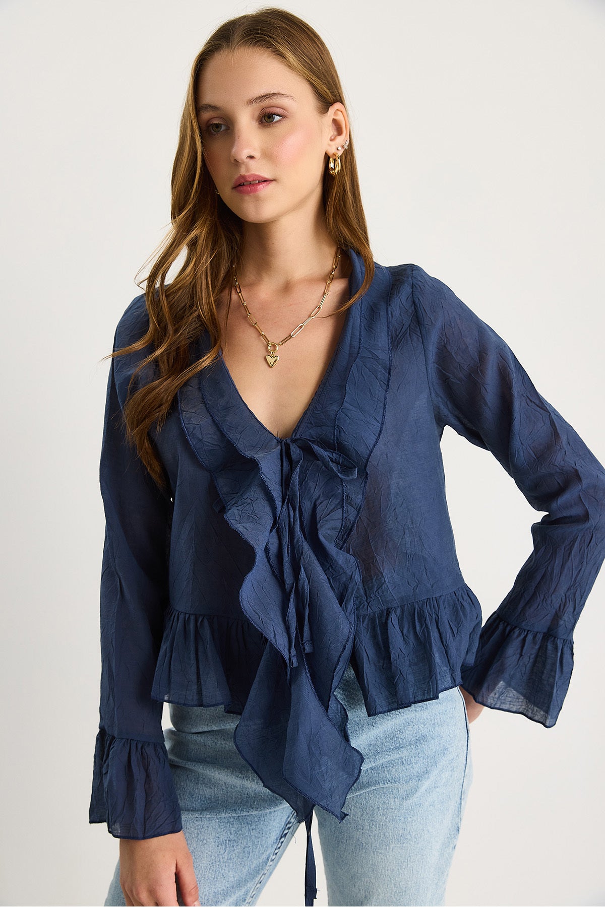 Women's Textured Flounce Lightly Transparent Modal Blouse 60282030