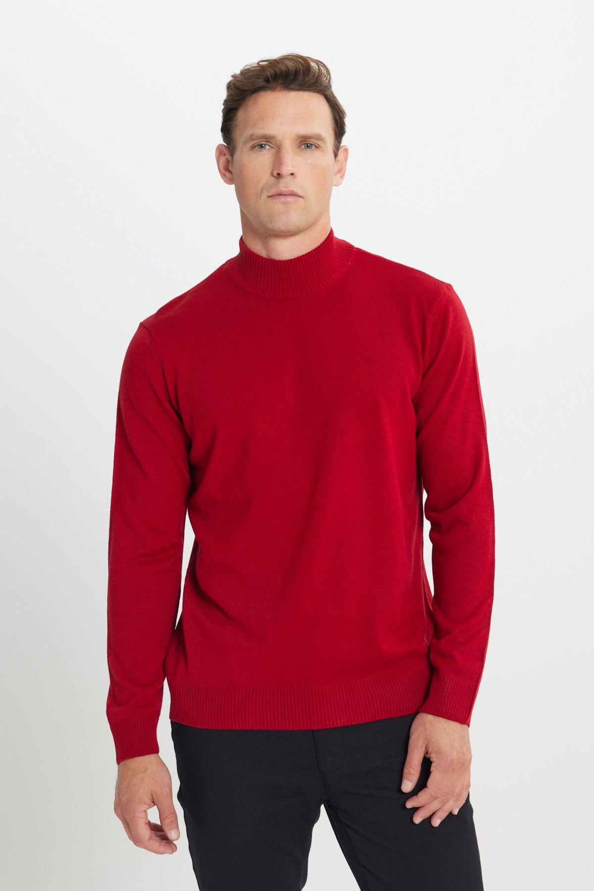 Men's Red Following Standard Fit Normal Cut Half Fisherman Yaka Knitwear Sweater