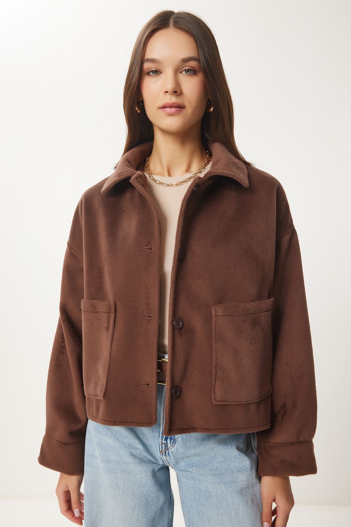 Female brown wide pocket soft stamp jacket FN03445