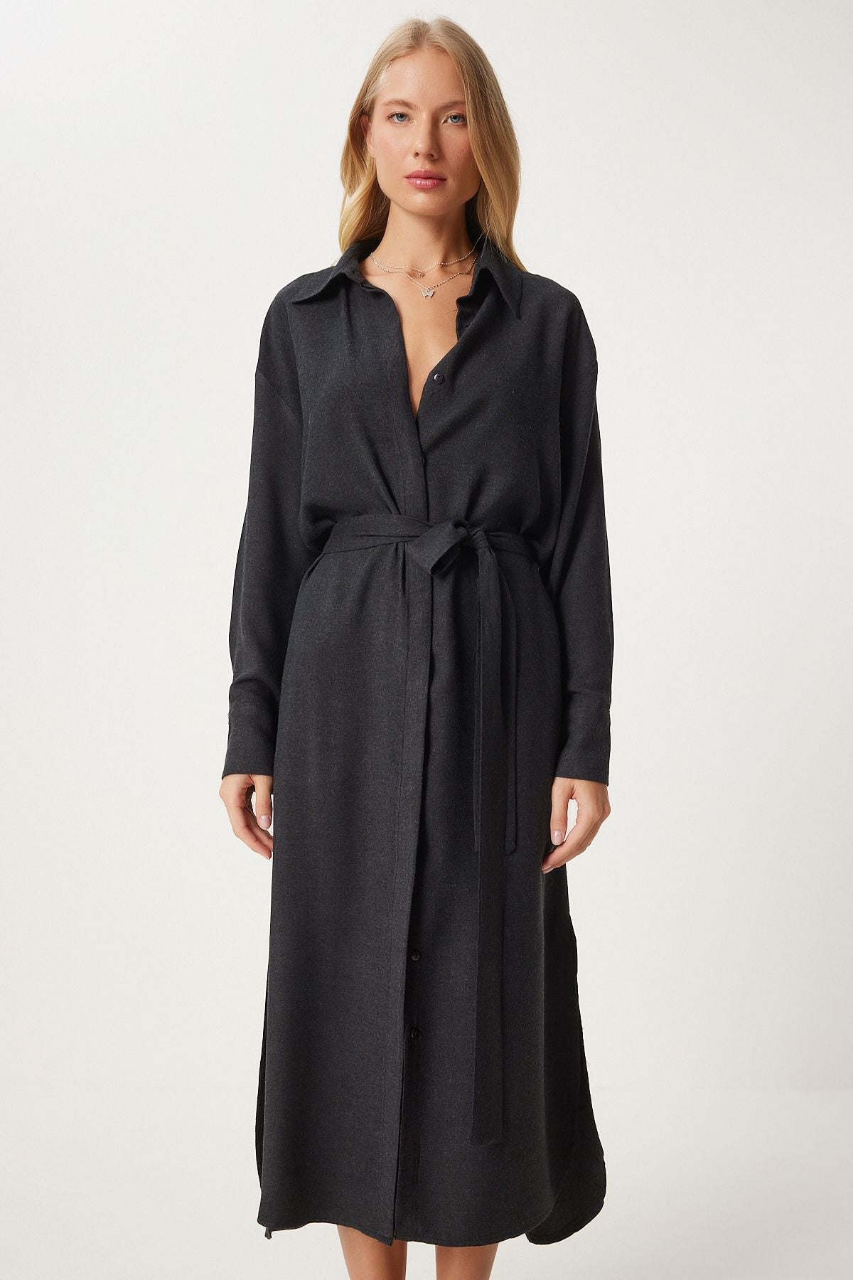 Women's black slit belt long shirt dress FN03314