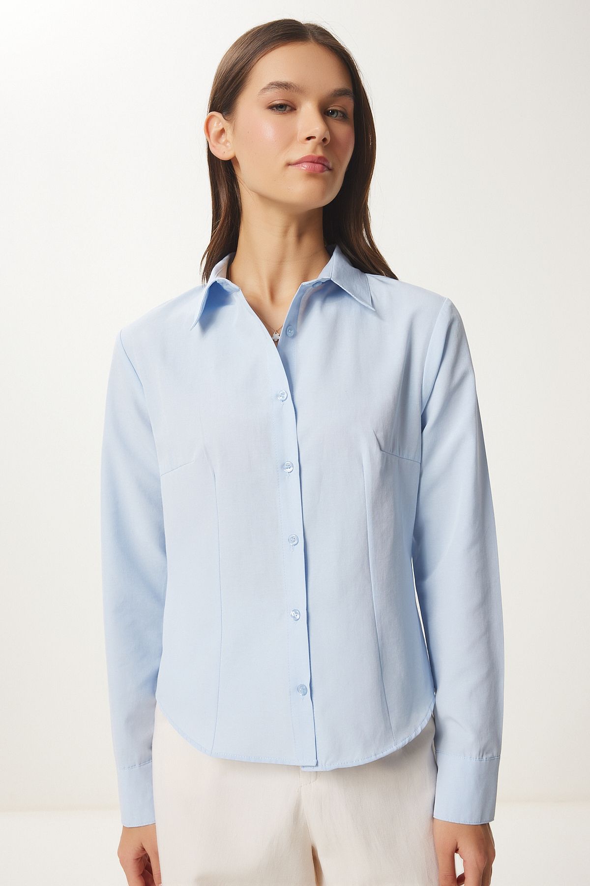 Woman Sky Blue Button Basic Shirt RQ00001