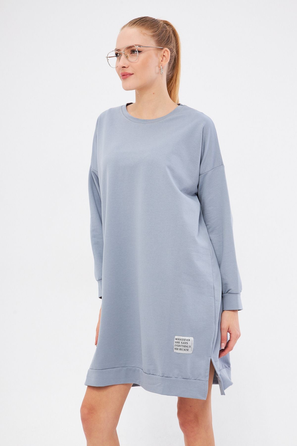 Kadın Gri Bisiklet Yaka Yanları Yırtmaçlı Tunik Sweatshirt ARM-25K001022