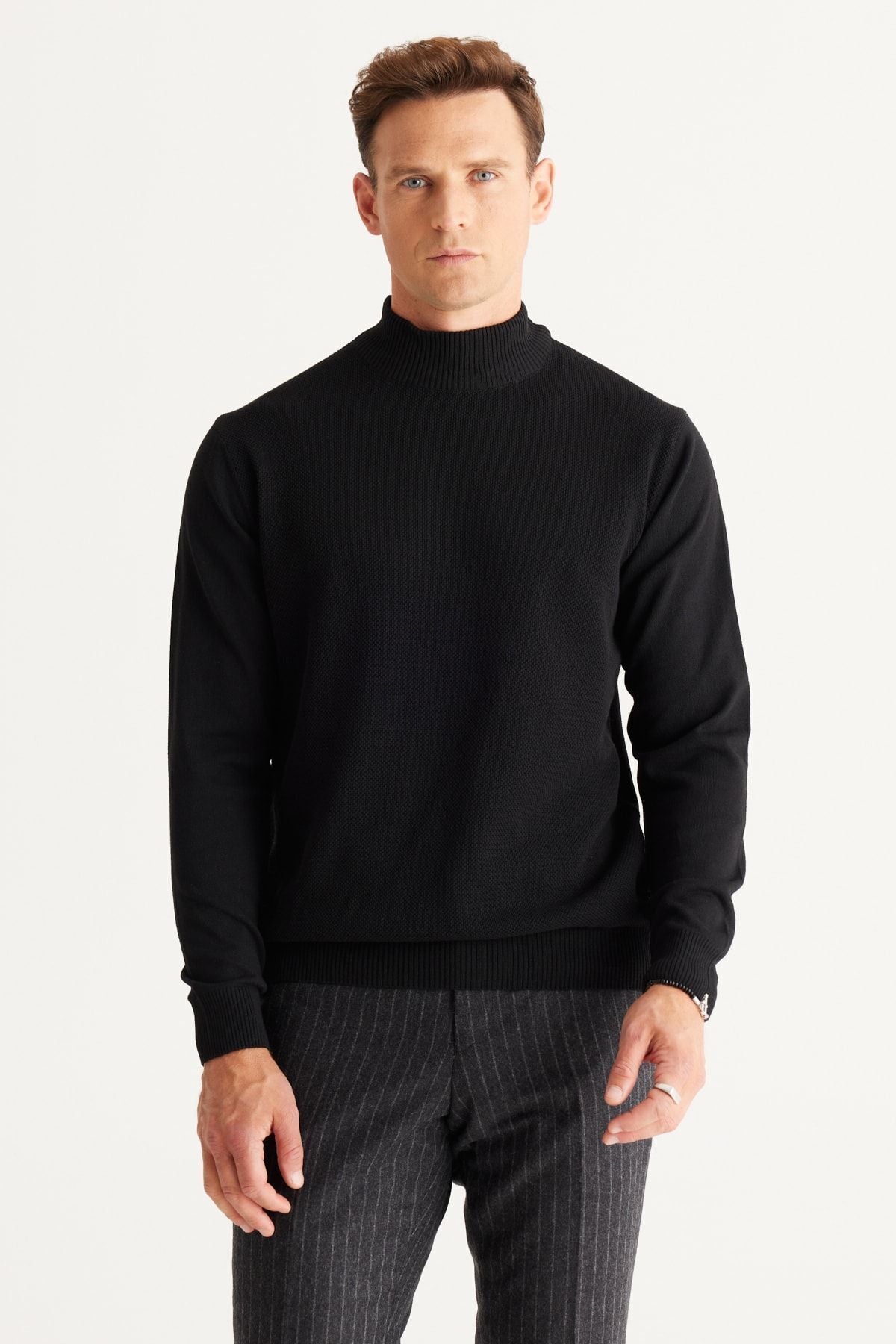 Men's Black Standard Fit Normal Cut Half Fisherman Neck Cotton Knitwear Sweater