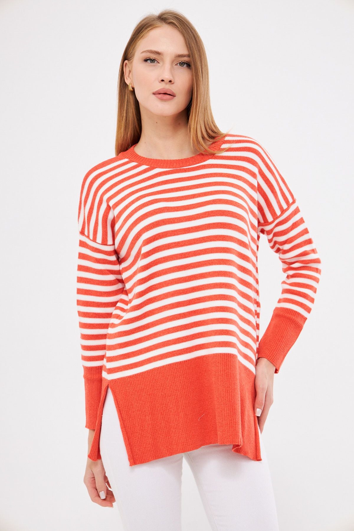 Women's Orange Round Collar striped knitwear sweater ARM-24K012013