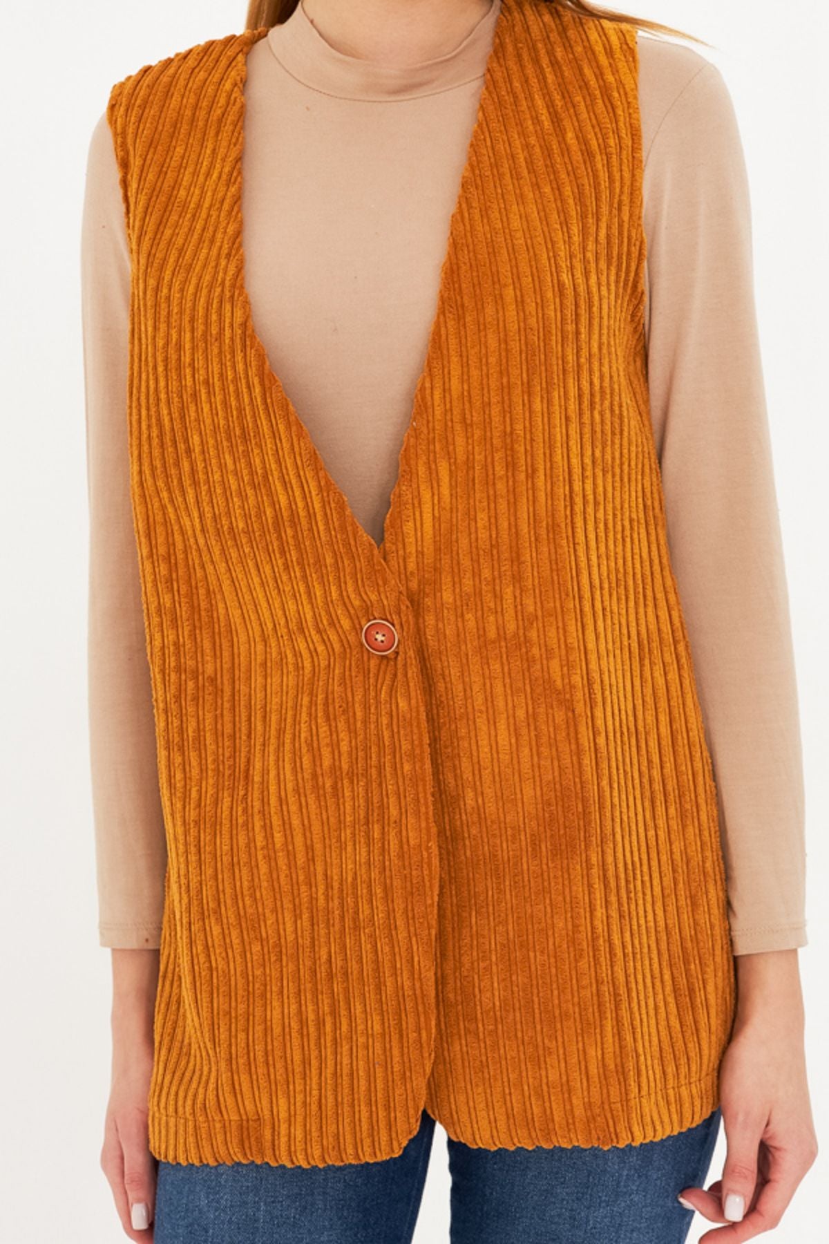 WOMEN HARDAL V-YAKA SINGLE buttoned with a thick wick velvet vest ARM-25K001016