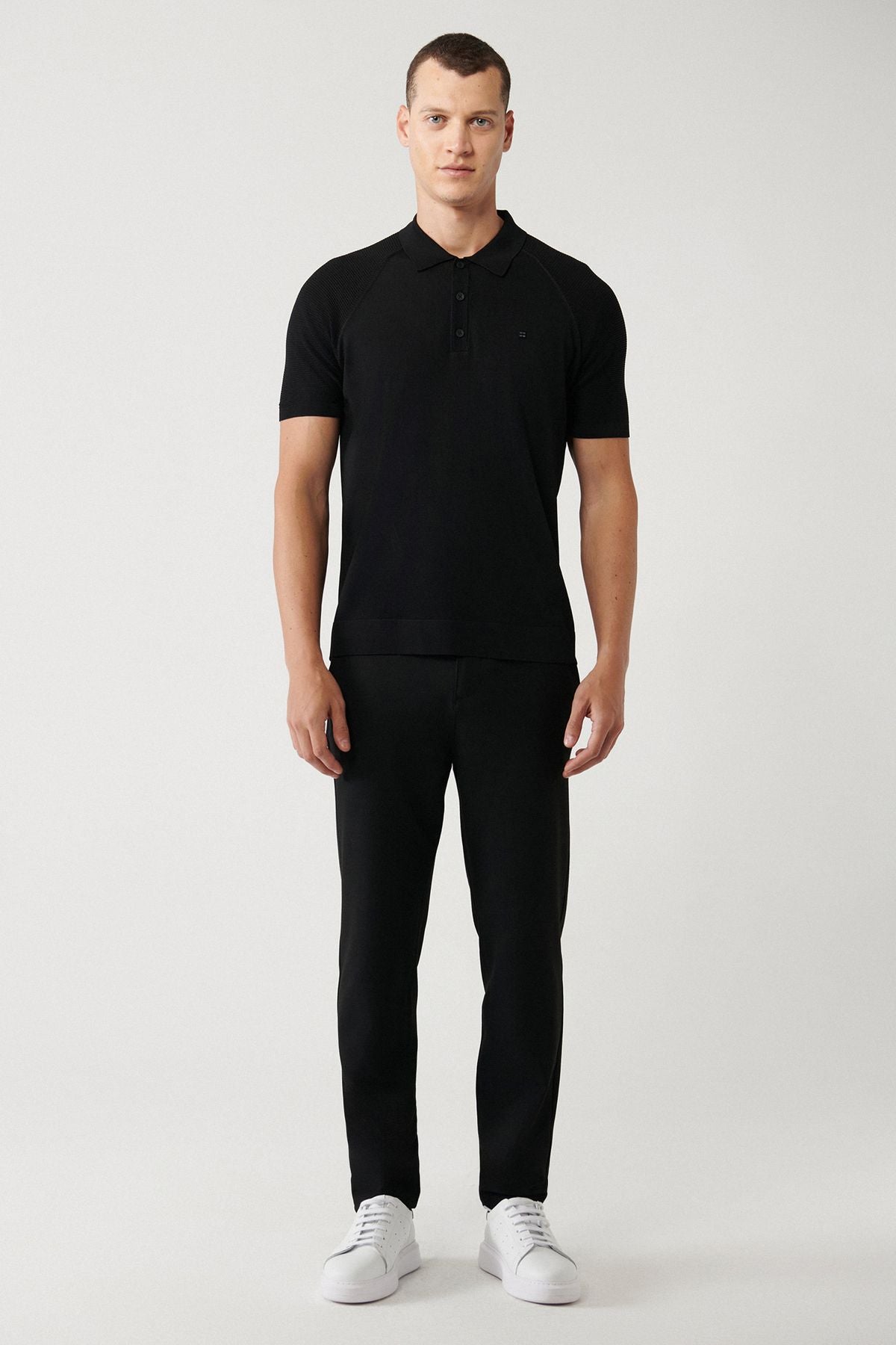 Men's black arms knitting detailed rayon knitwear t-shirt A32y5018