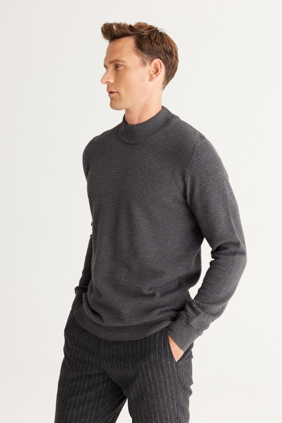 Men's anthracit-melanj standard fit half fisherman collar cotton patterned knitwear sweater