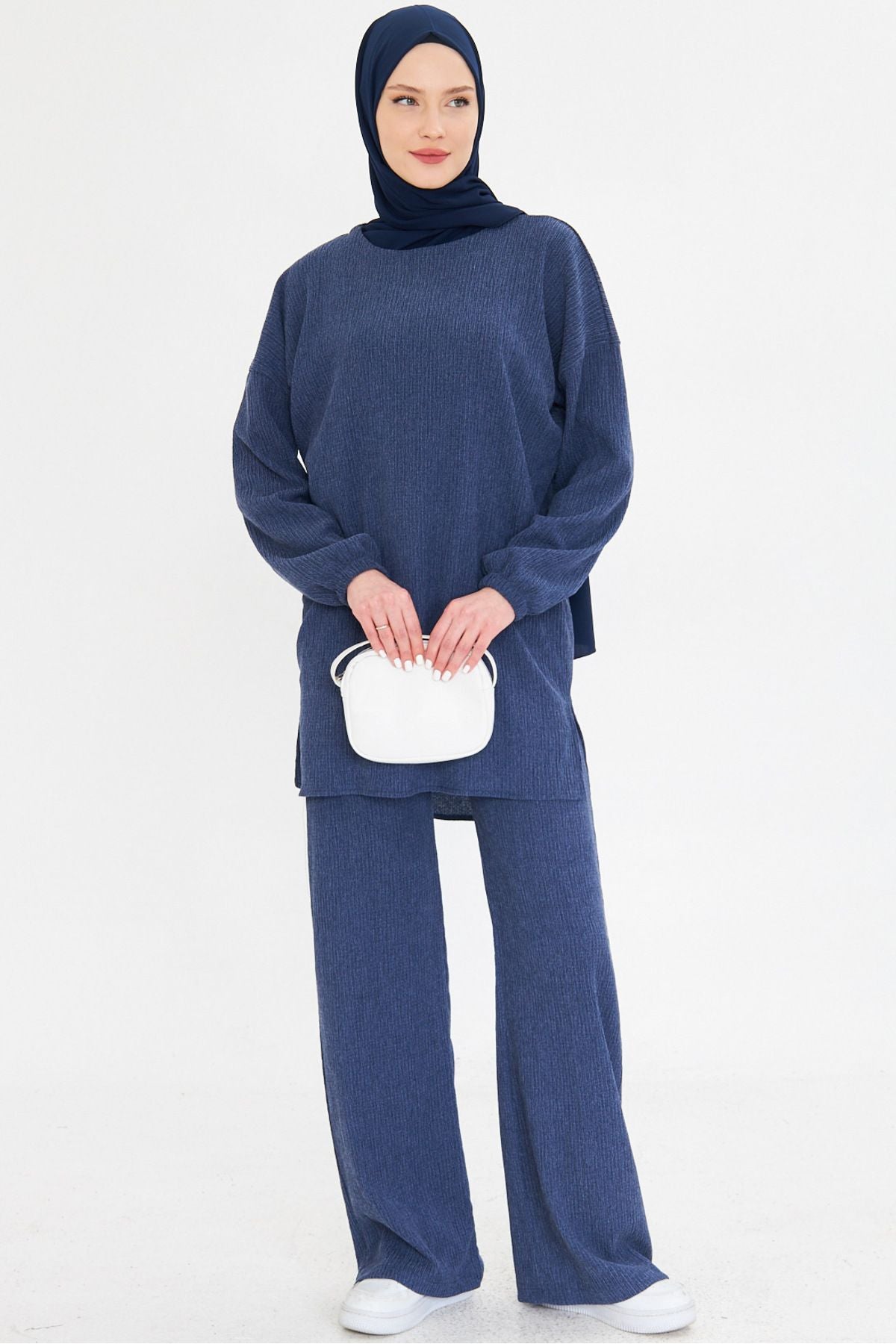 Woman Navy blue zero collar sleeve tire as well as slit pants hijab double set ARM-25K001109