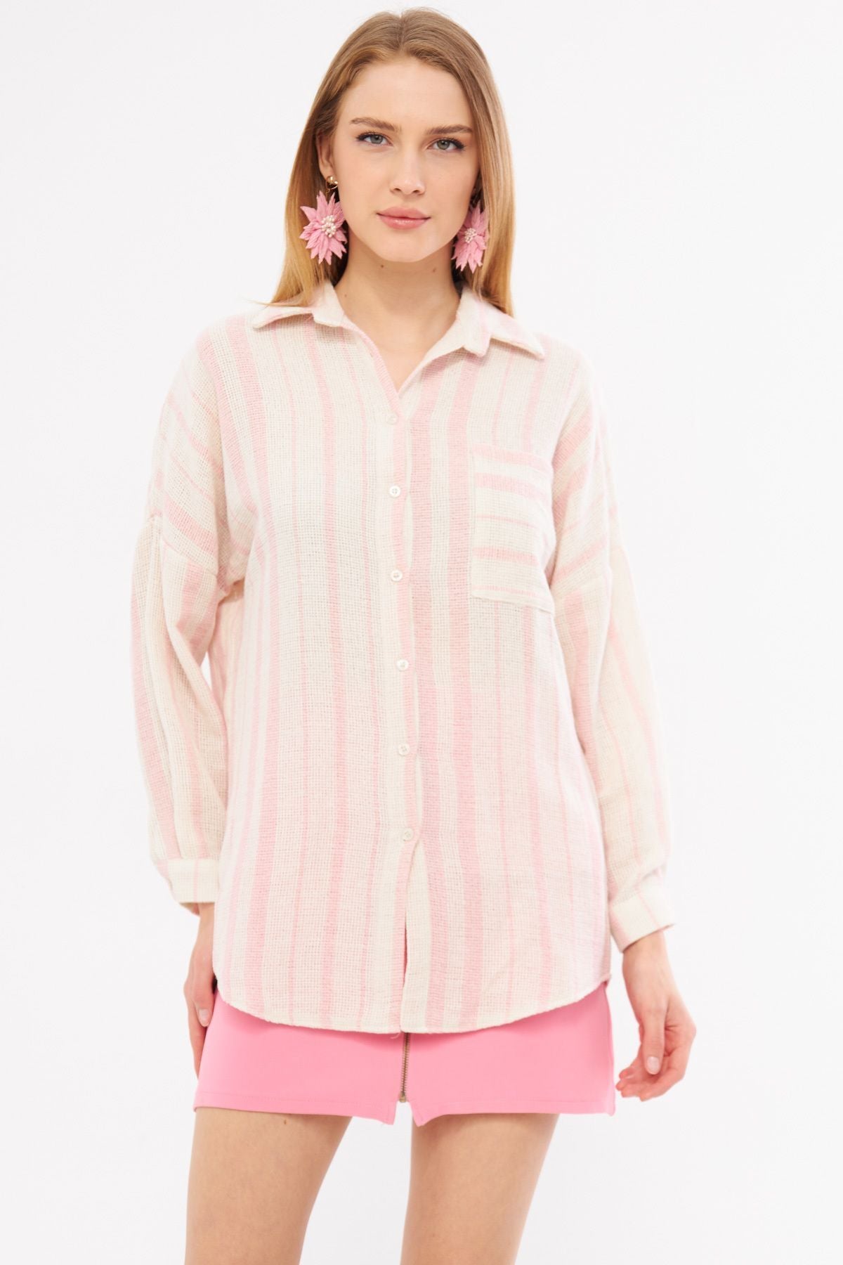 Female Powder Long Sleeve Pocket detailed back Pleated Pleeled Oversize shirt ARM-24Y001053