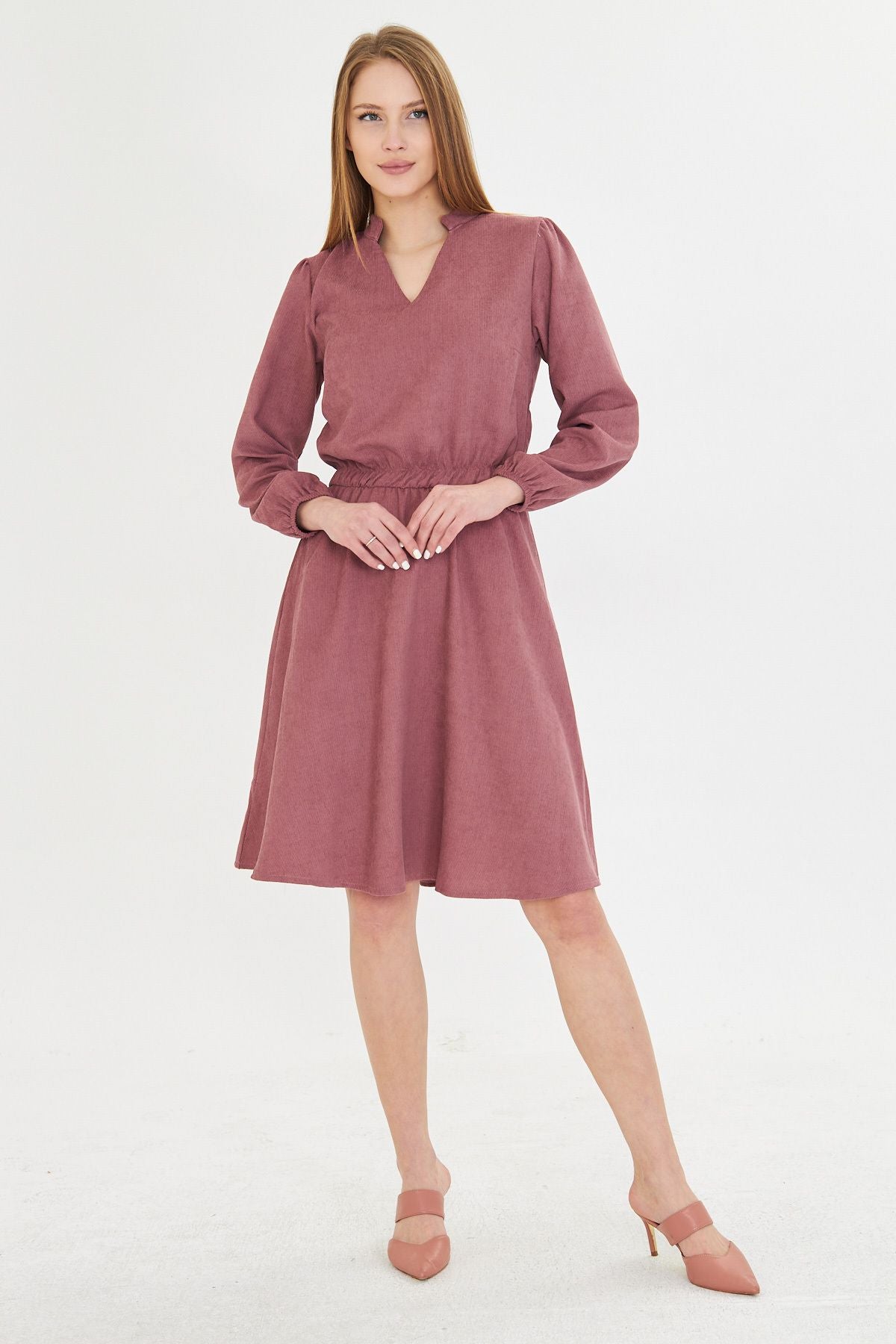 Woman Dark Gülkurusu Velvet V-Yaka Waist Tire Thin Red Clash Dress ARM-25K001049