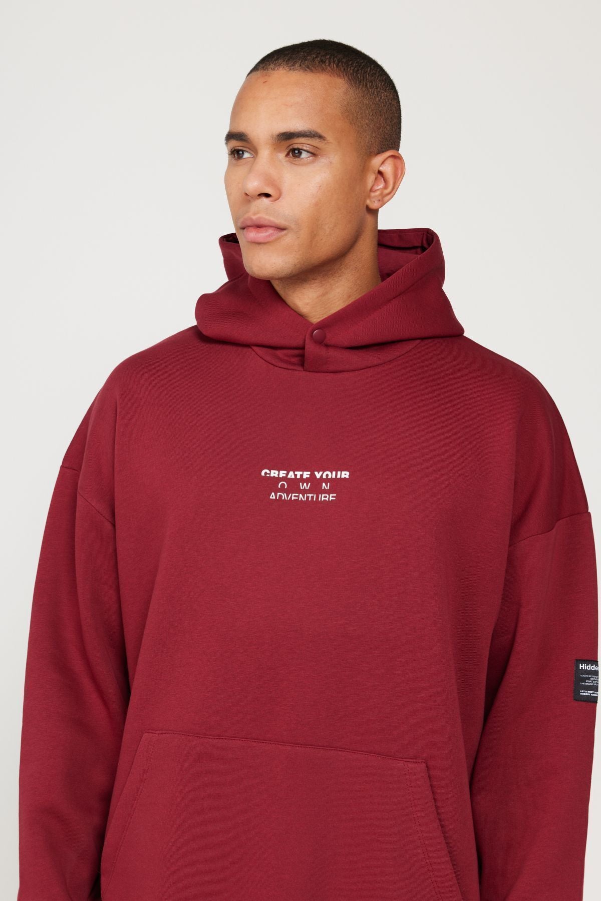 Erkek Bordo Oversize Fit Bol Kesim Kapüşonlu Içi Polarlı 3 Iplik Pamuklu Sweatshirt