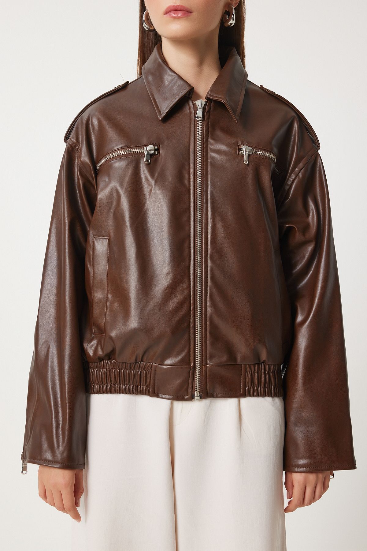 Female Brown Vintage Video Artificial Leather Biker Coat FN03382