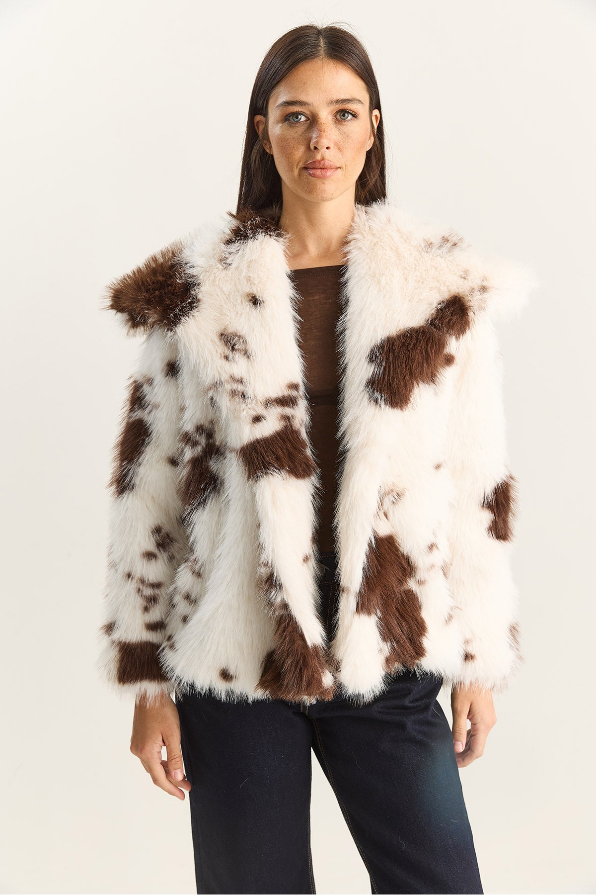 Women's Cow Pattern Lined Faux Fur Jacket 3489 60283866
