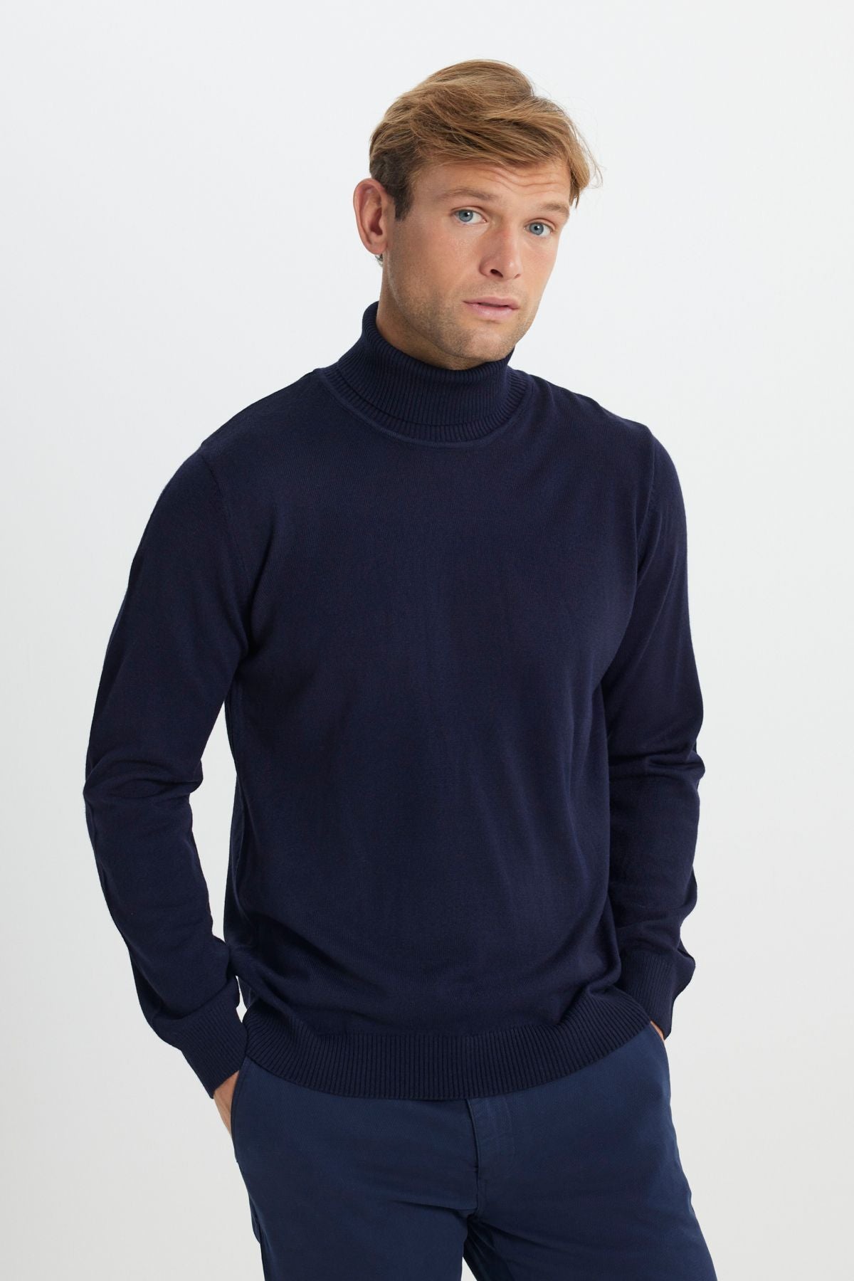 Men's Navy Blue Flash -free Anti Pilling Standard Fit Full Fishing Yaka Knitwear Kazakh