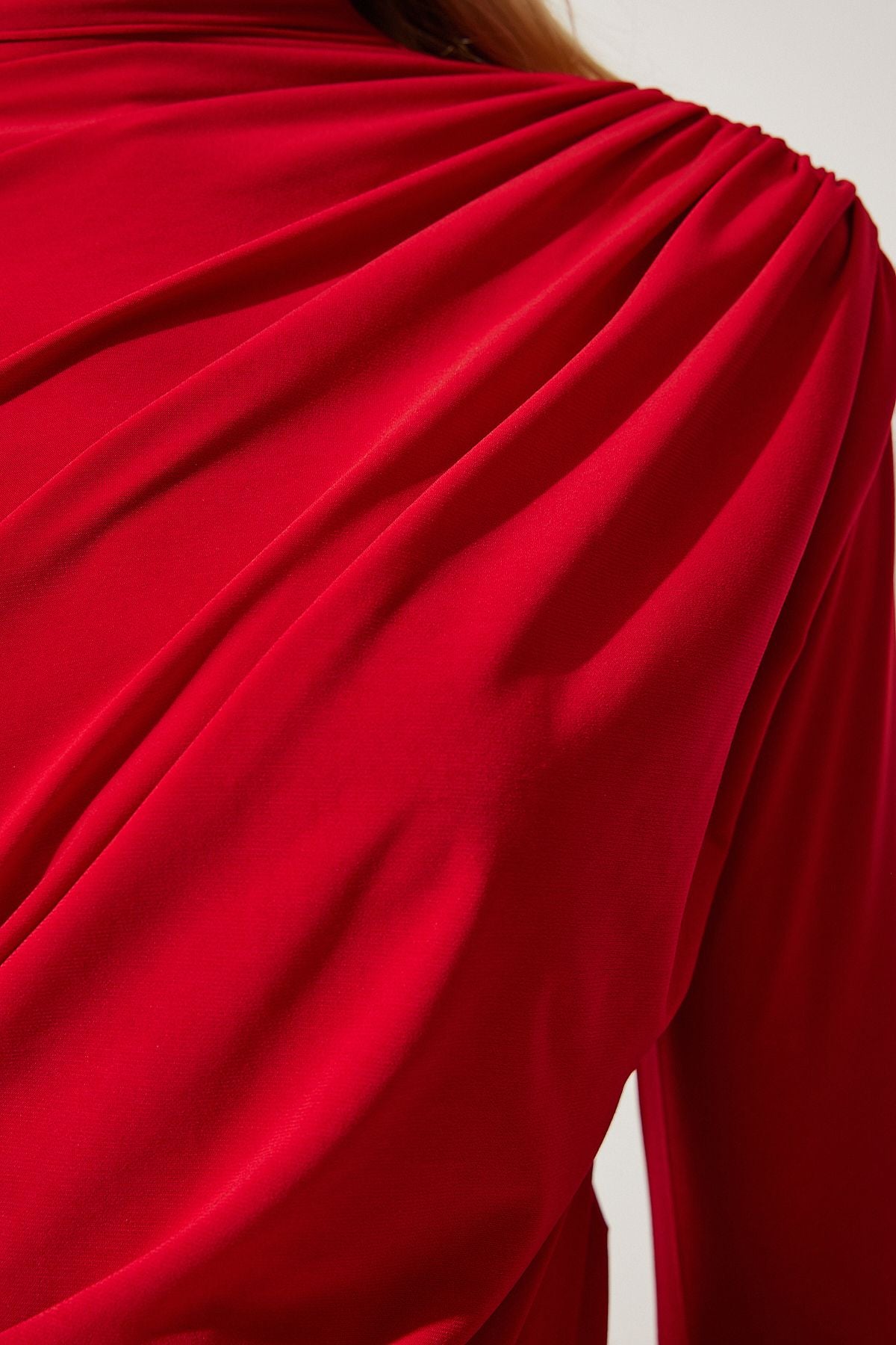 Female red shirring detailed upright collar sandy blouse FF00135