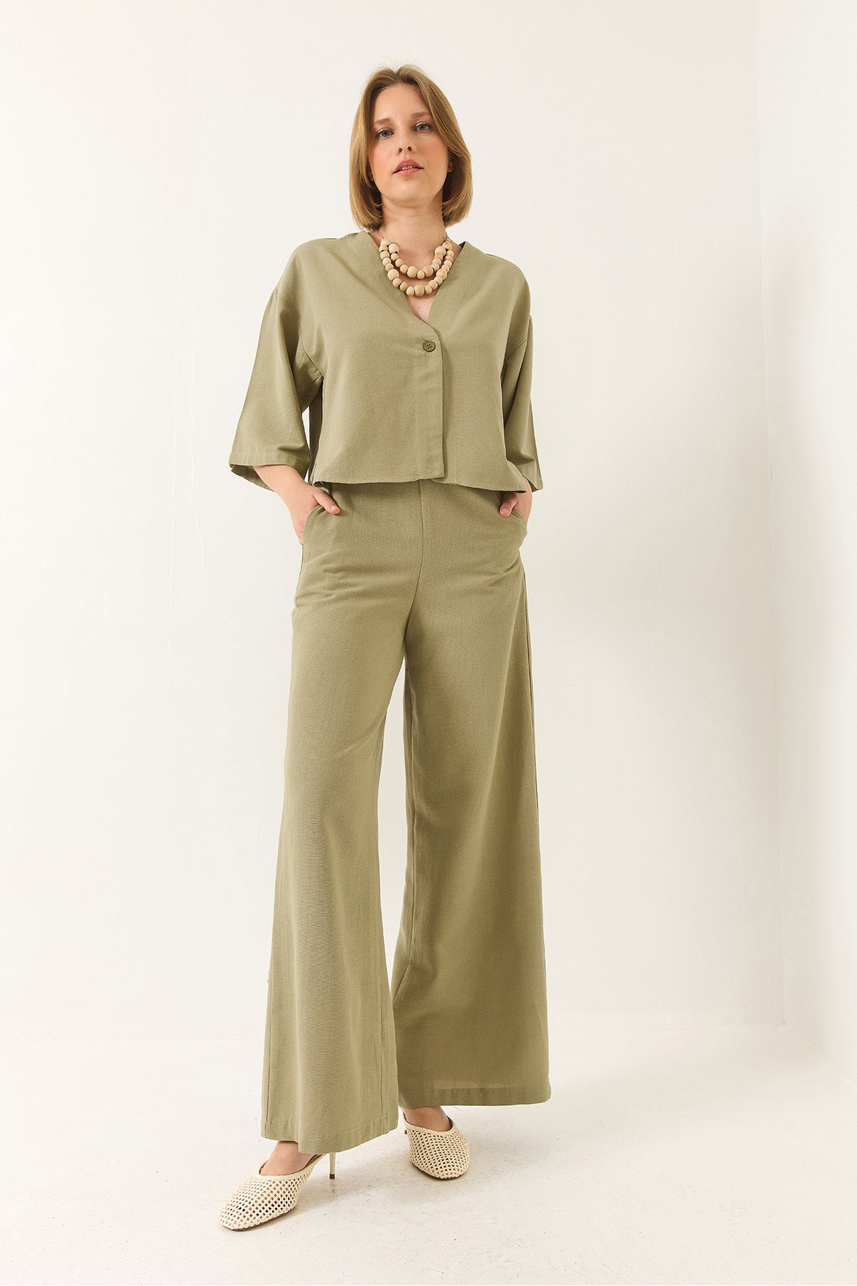 Women's V-Neck Bat Sleeve Linen Kimono Palazzo Top and Bottom Set with Trousers 9295 60281019