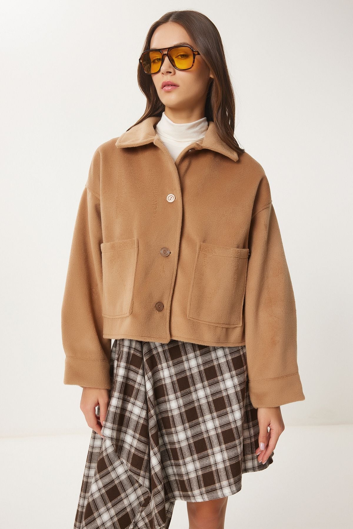 Female Camel Wide Pocket Soft Stamp Jacket FN03445
