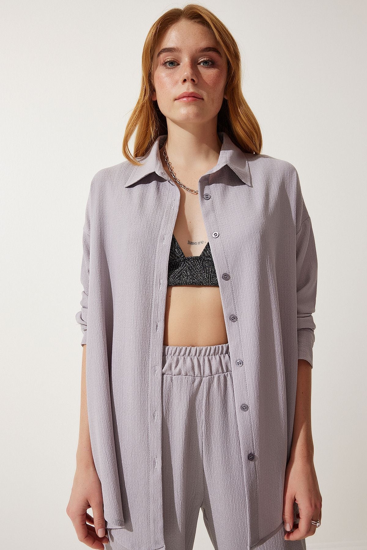 Women's gray comfortable knitted shirt pants set KH00090