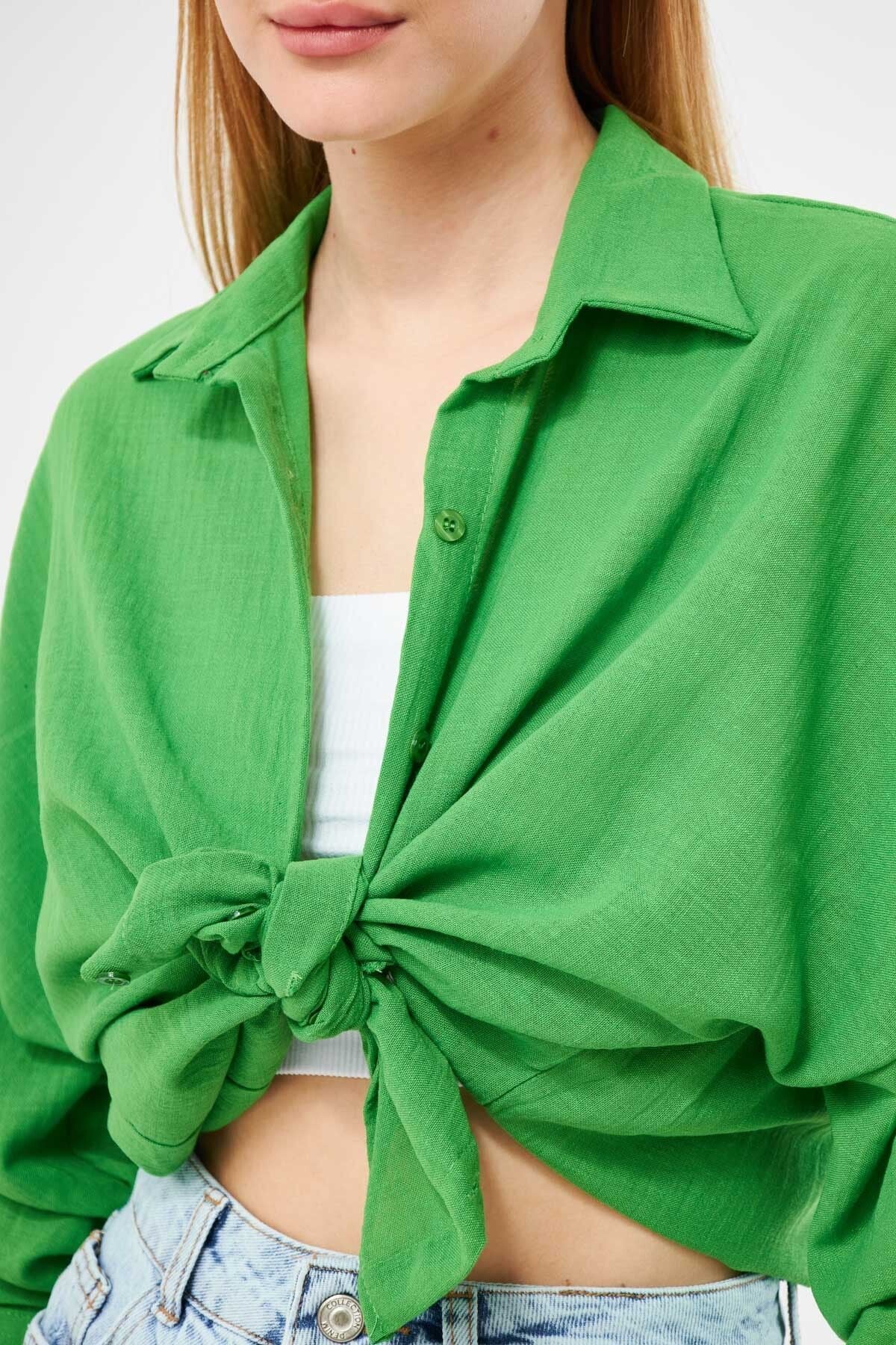 Female Green Oversize textured linen-looking large cuff shirt ARM-24K001001