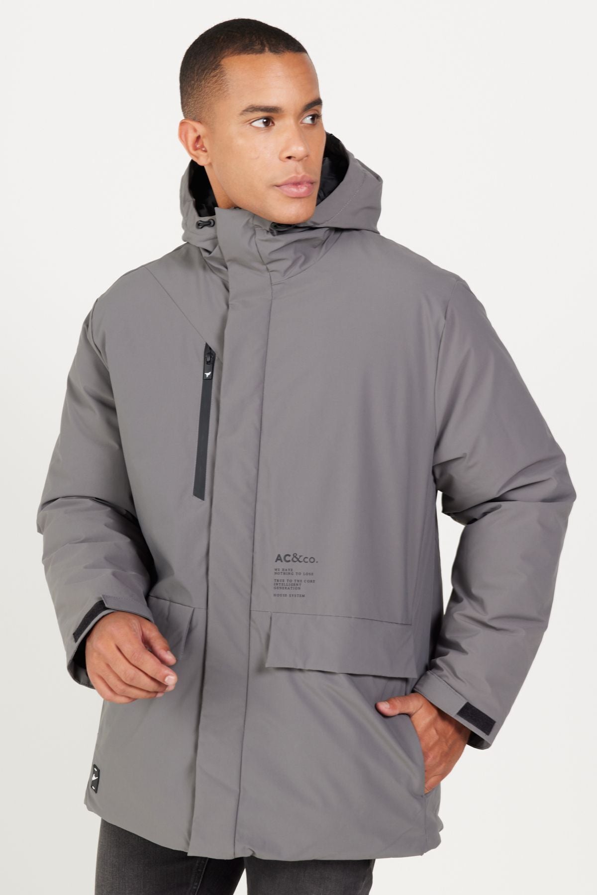 Men's gray hooded upright collar standard fit big size coat