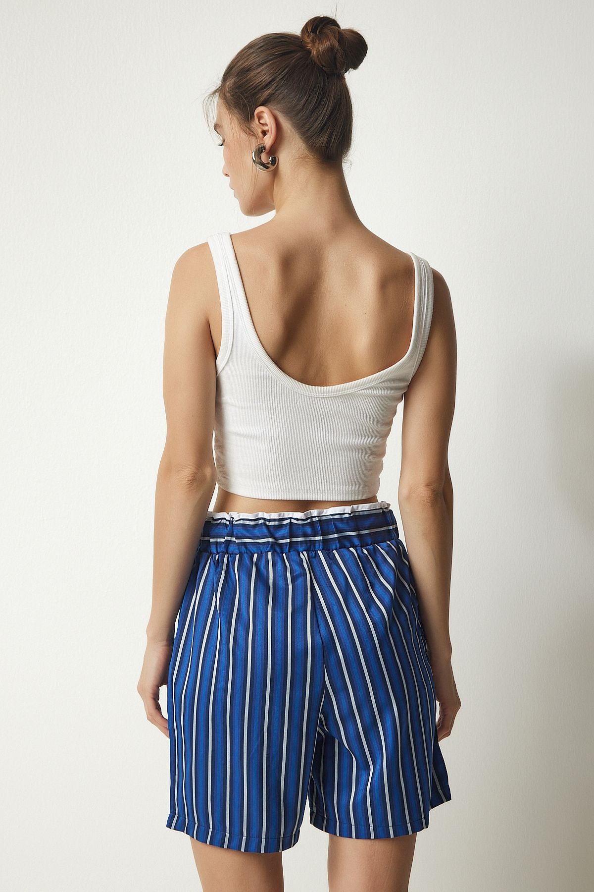 Women's Blue Striped Satin Surface Shirt Short Set US00914
