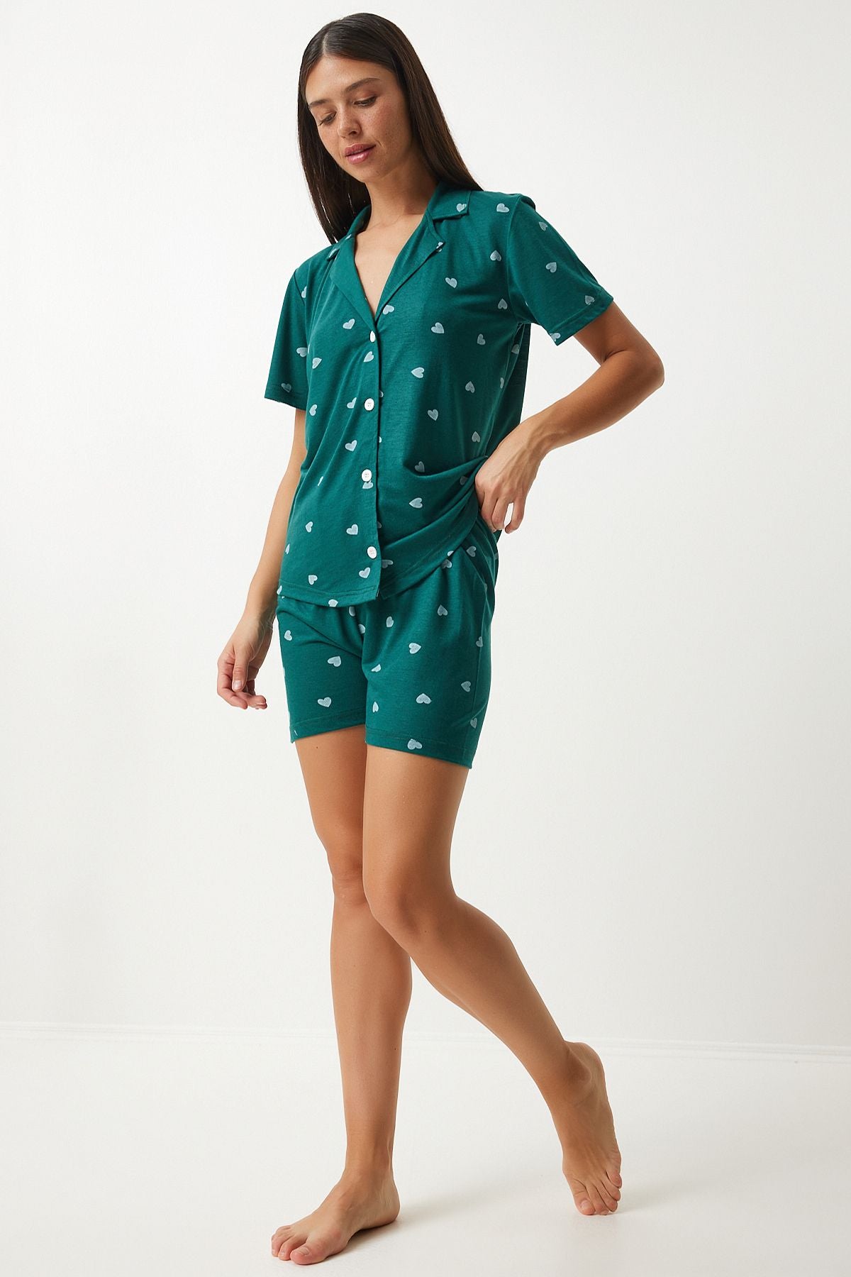 Female Dark Green Heart Viscose Shirt Shirt Pajama Set EC00035