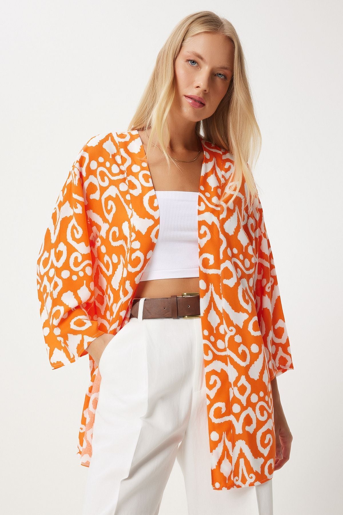 Female Orange Ecru Patterned Viscose Kimono EN00615