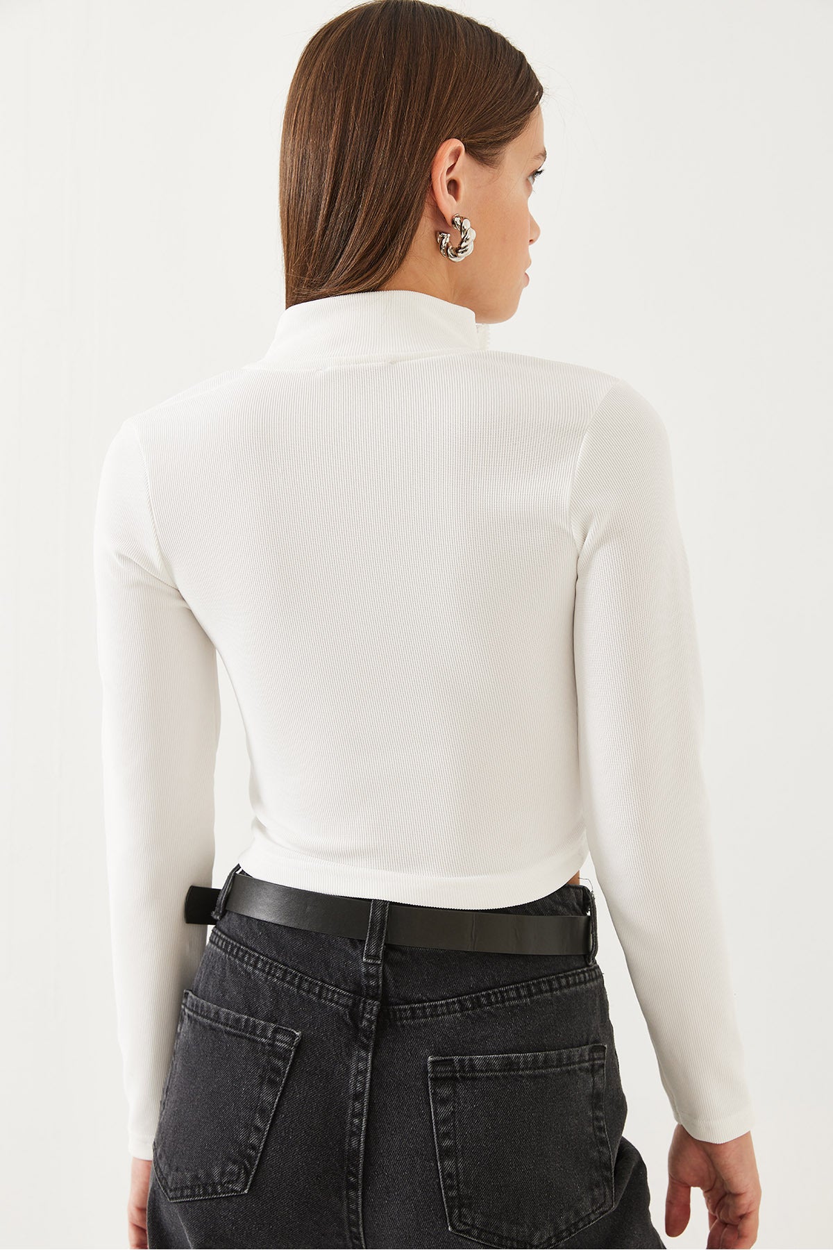 Women's Turtleneck Half Zipper Corded Crop Blouse 60351019