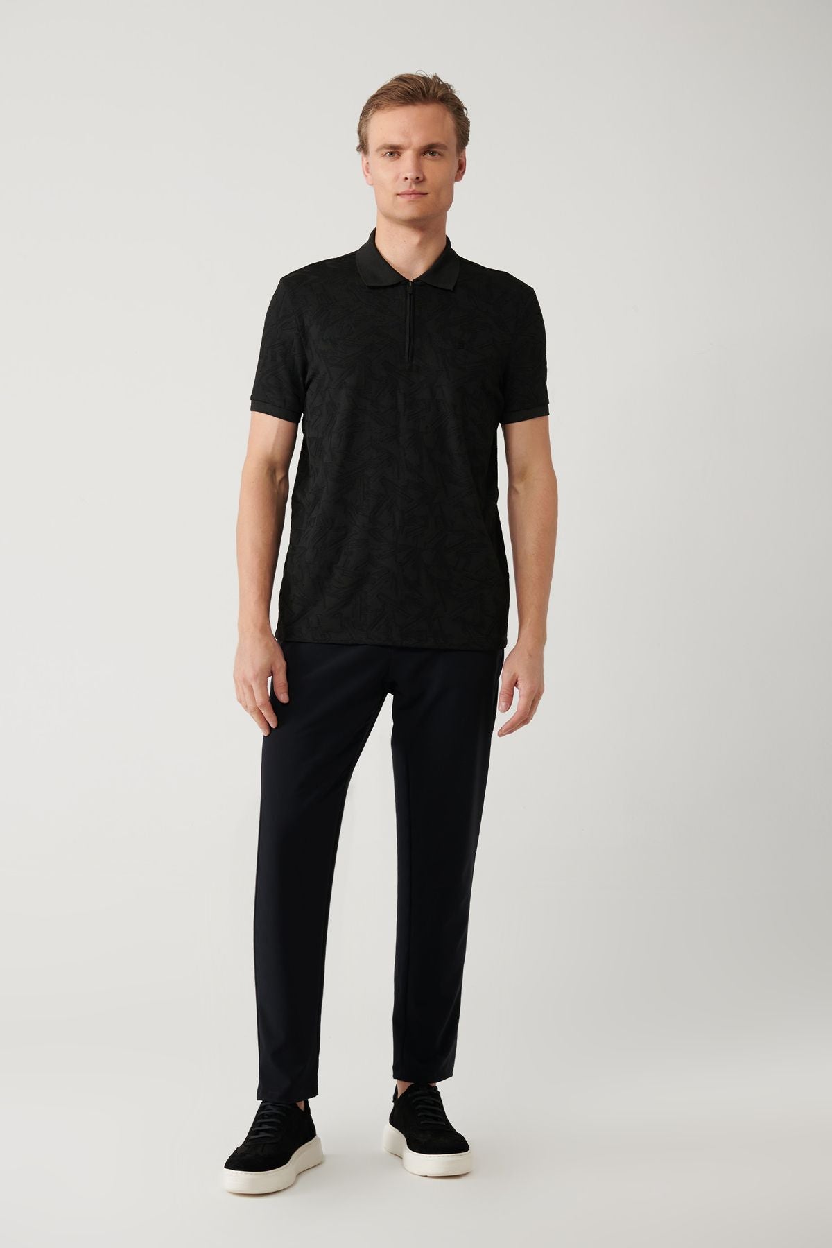 Men's Black Zipper Jacquard Polo Yaka T-shirt A41y1118