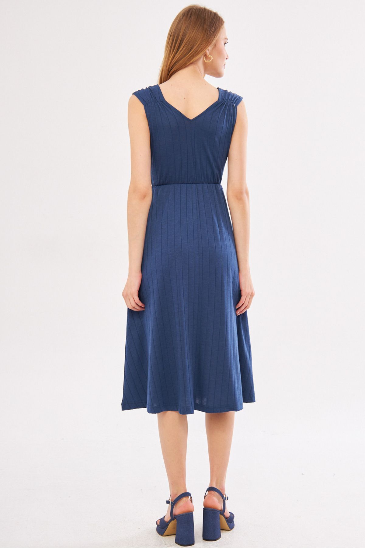 Woman Dark Blue Waist and Shooter Skirt Cruve Cruve Midi Boy Dress ARM-24Y001017