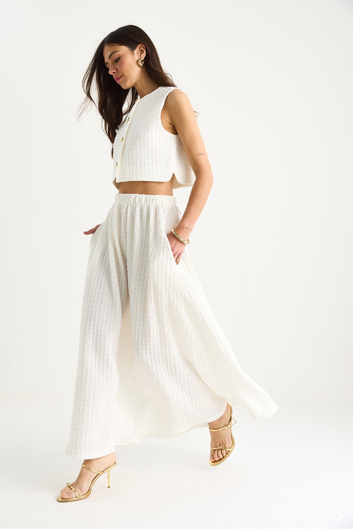 Women's Crop Vest, Elastic Waist, Pocket Detail, Long Skirt, Top and Bottom Seersucker Suit 4006 60283371