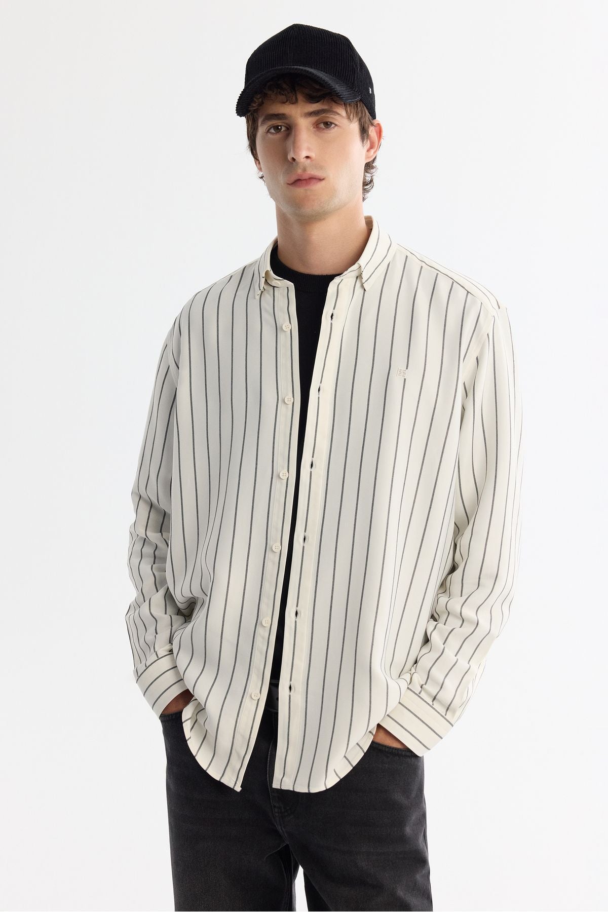 Male White British collar striped rayon shirt A42Y2051