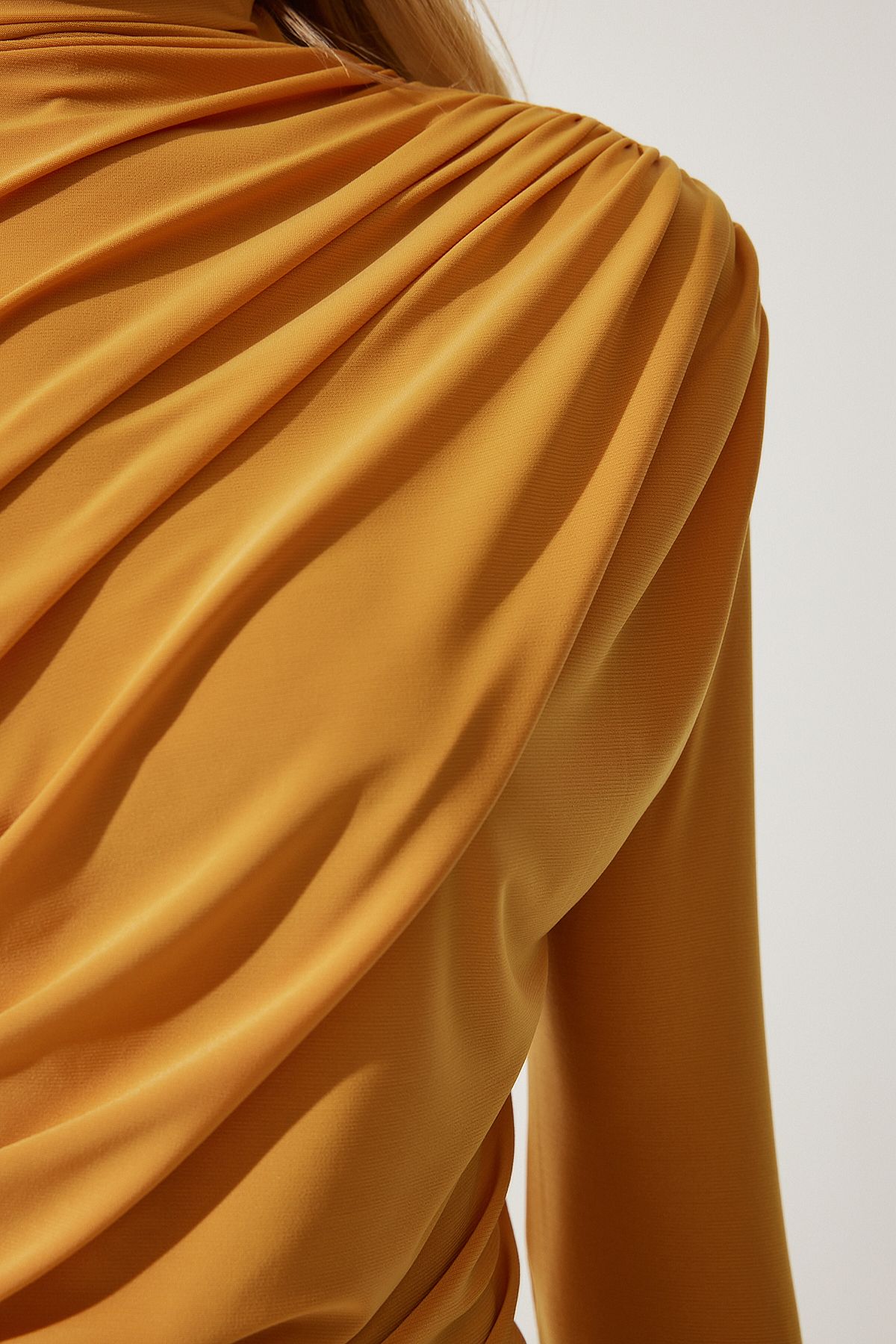Female mustard shirring detailed upright collar sandy blouse FF00135