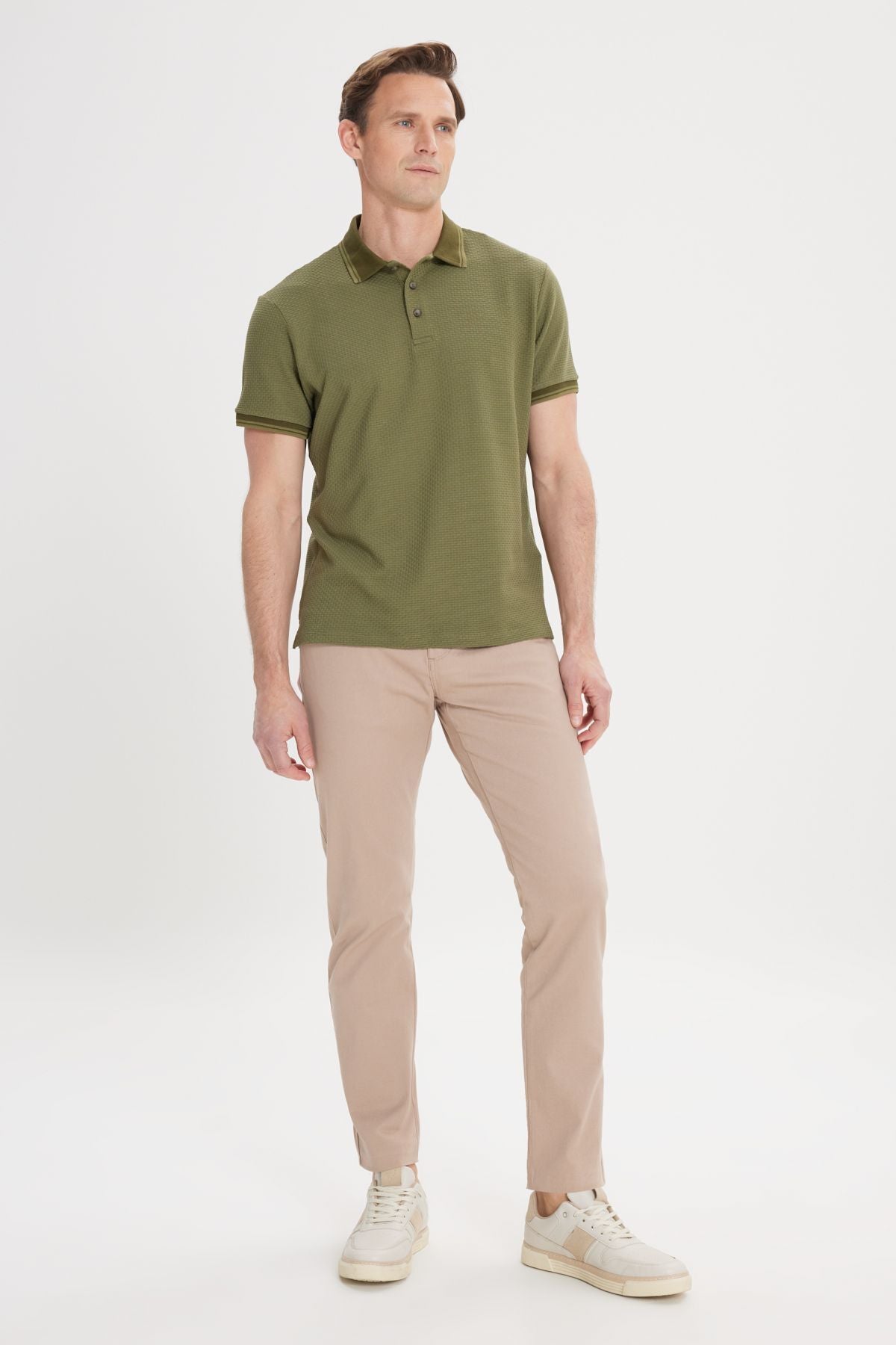 Men's Khaki Slim Fit Narrow Cut 100 %Cotton Polo Yaka Amelor T -shirt