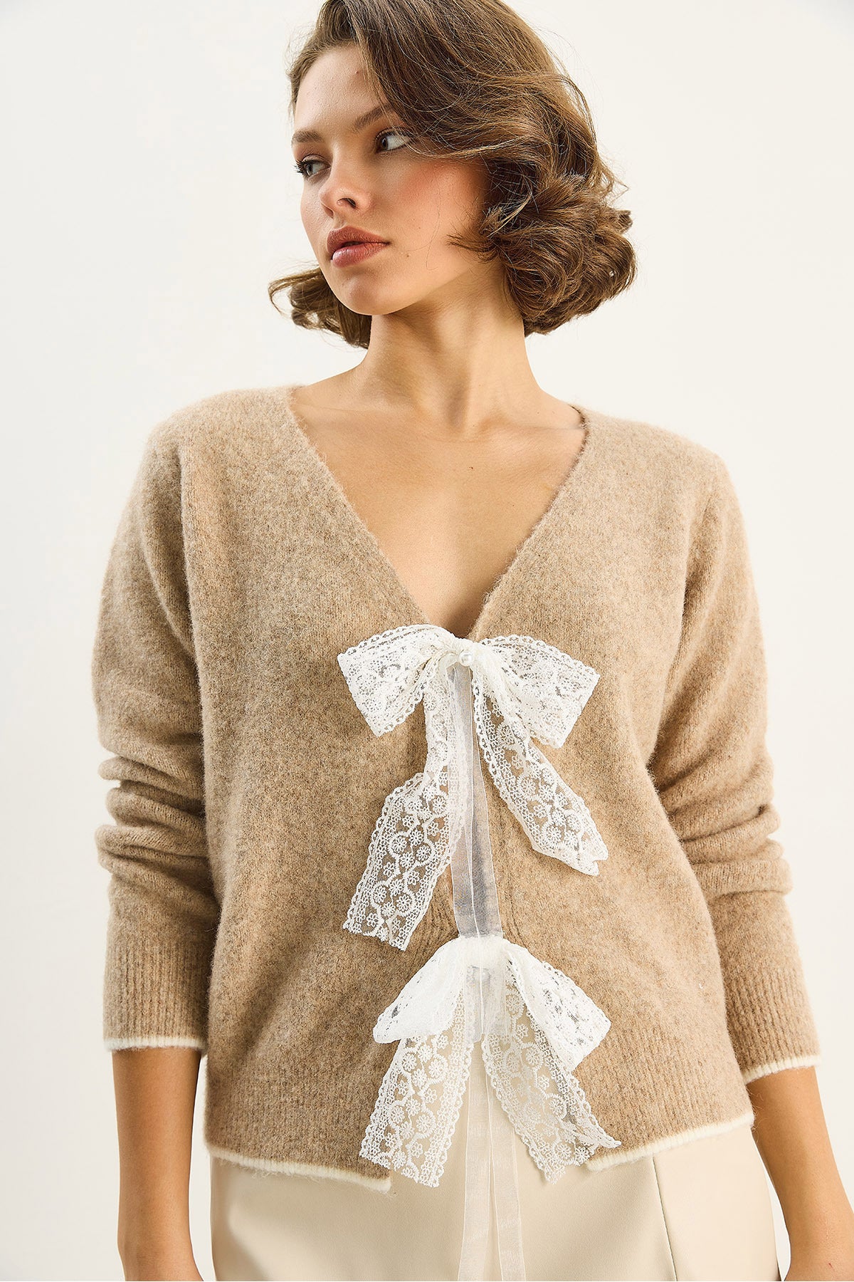 Women's V-Neck Bow Accessory Closure Knitwear Cardigan 9056 60283707