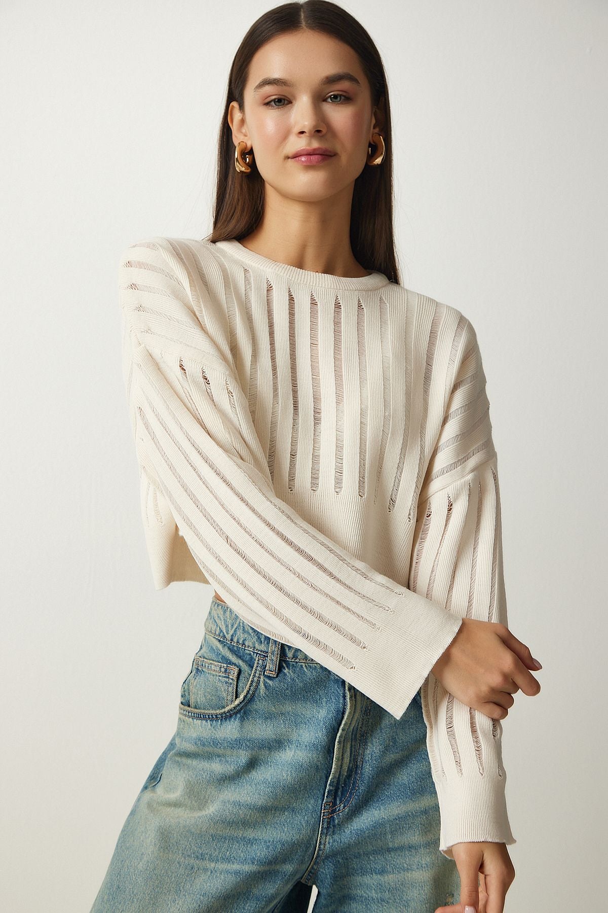 Women's Cream Outlet Crop Triko Sweater MT00147