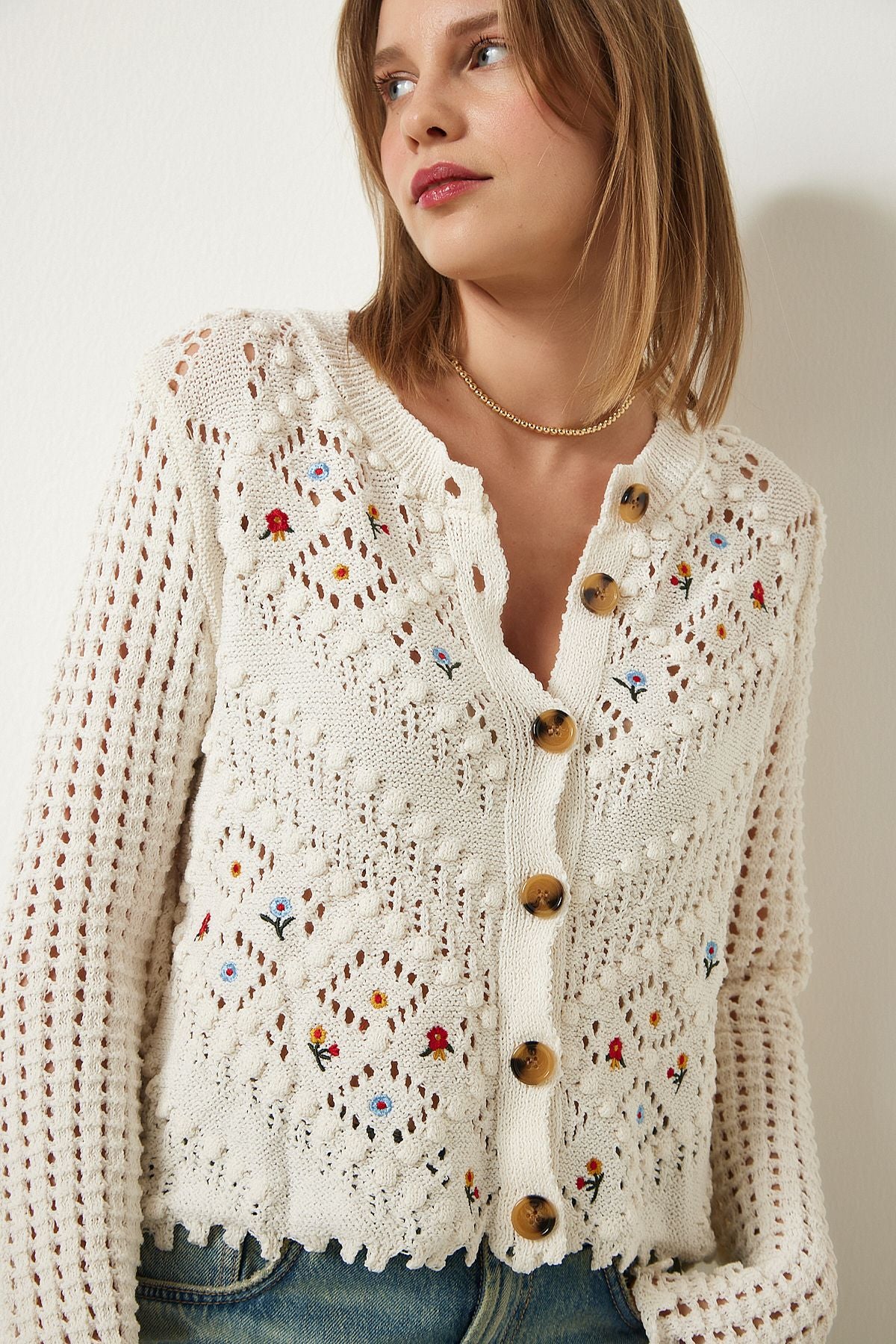 Cream Flower Embroidered Textured Seasonal Triko Cardigan ES00147