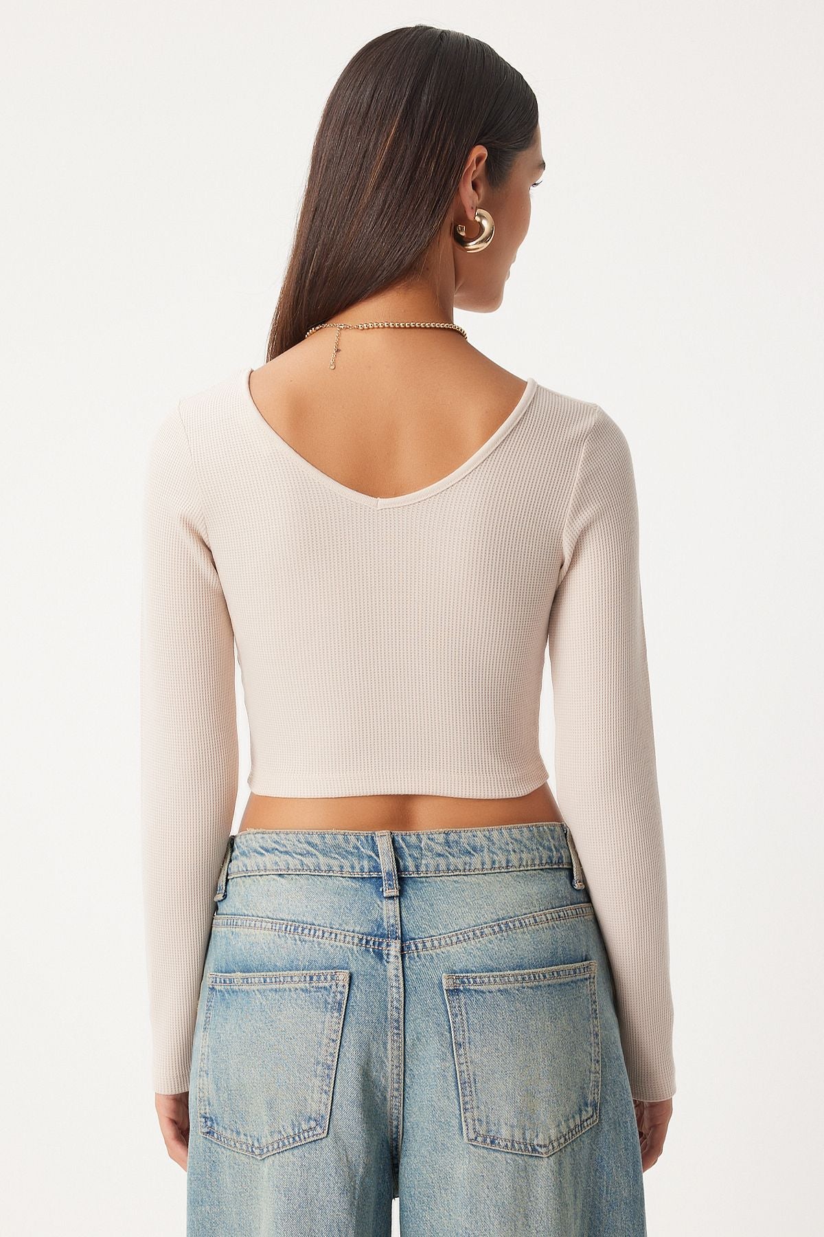 Female Beige V neck Crop blouse UB00171