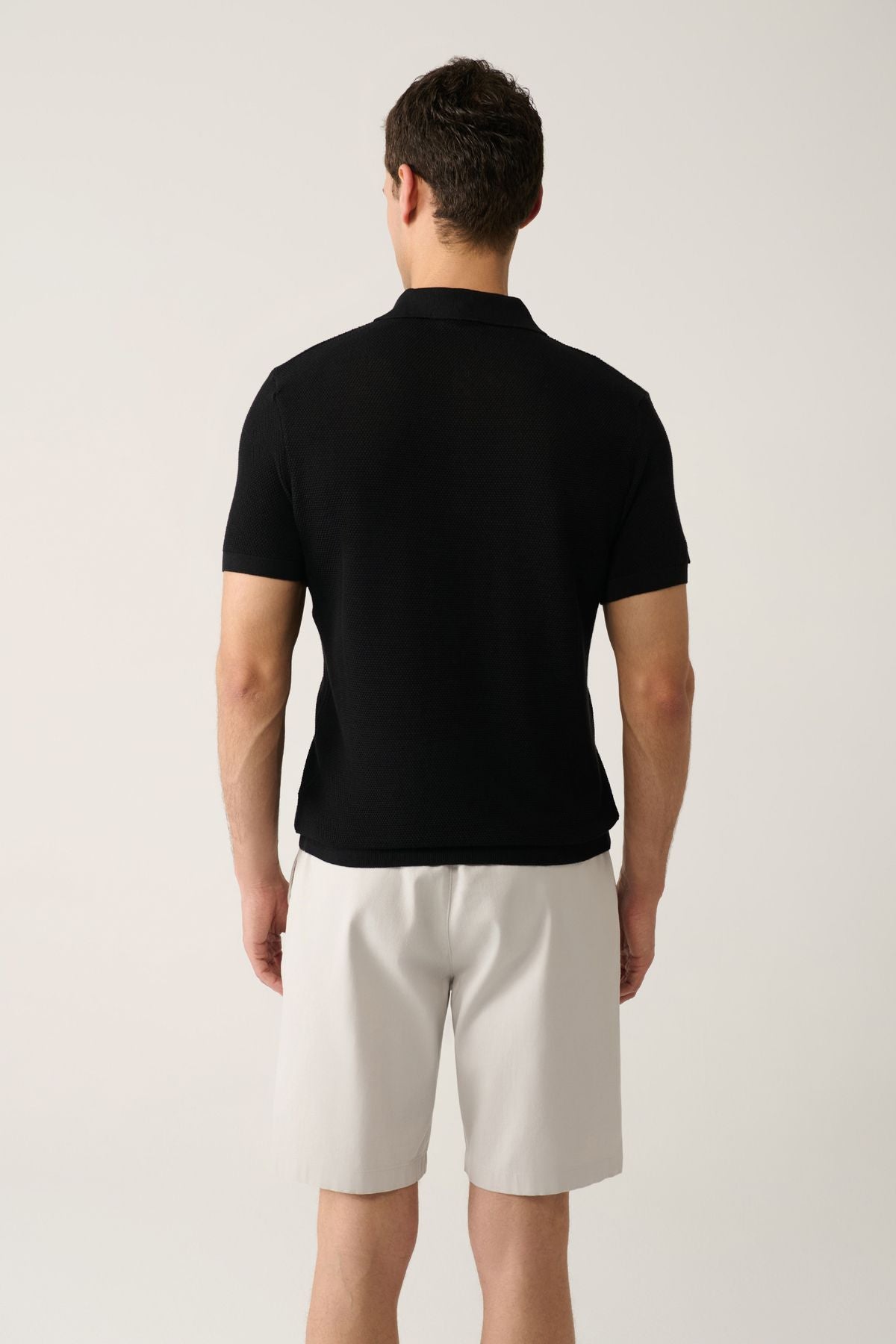 Men's black 3 button textured riban Polo Yaka Triko T-Shirt B005009