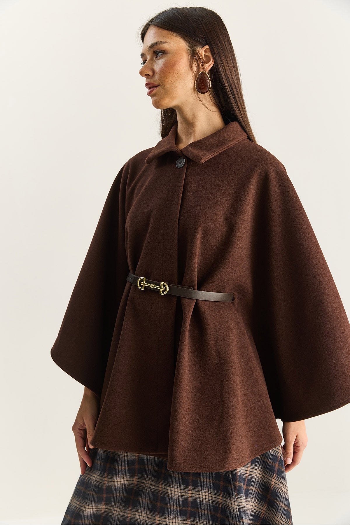Women's Collared Single Button Detailed Belted Stash Poncho 9170 60283812