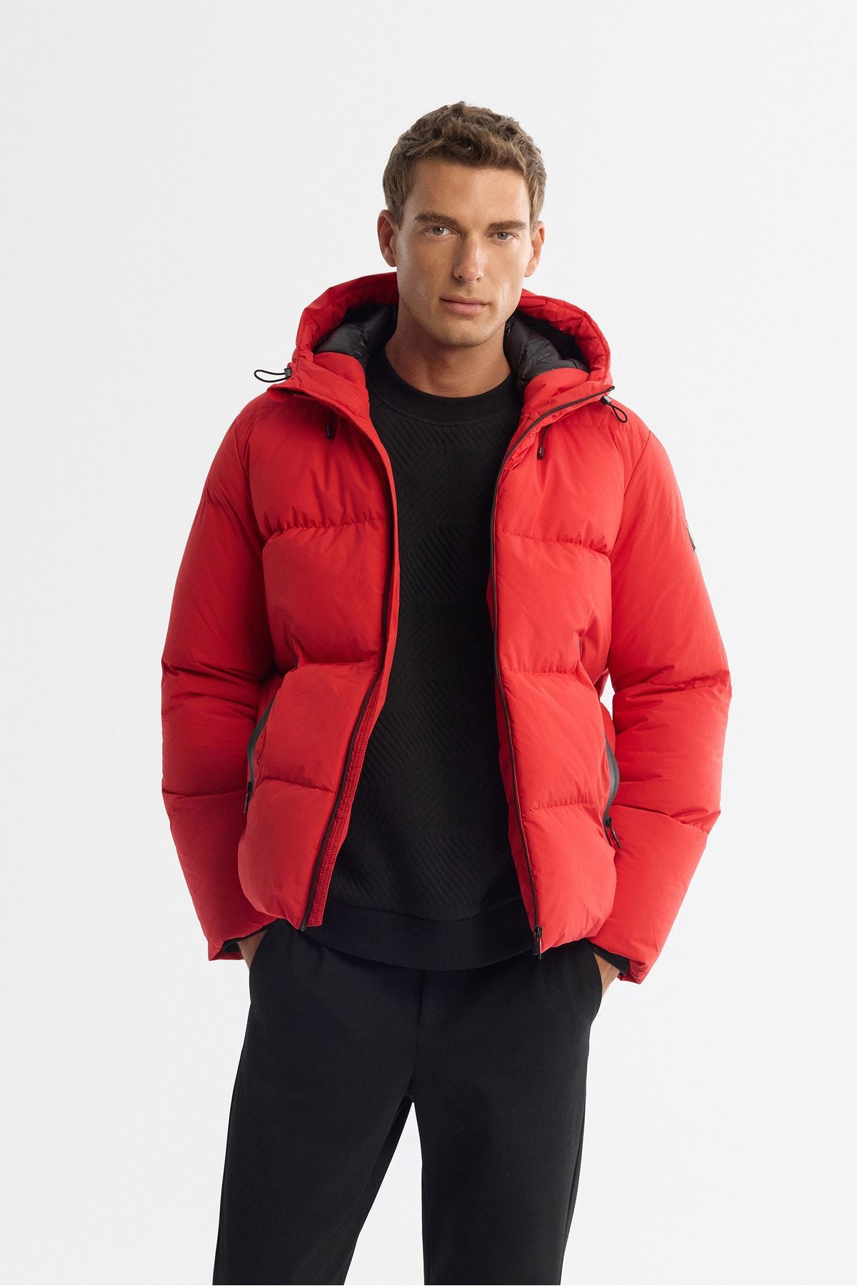 Men's red hooded collar fiber filling swelling coat B006046
