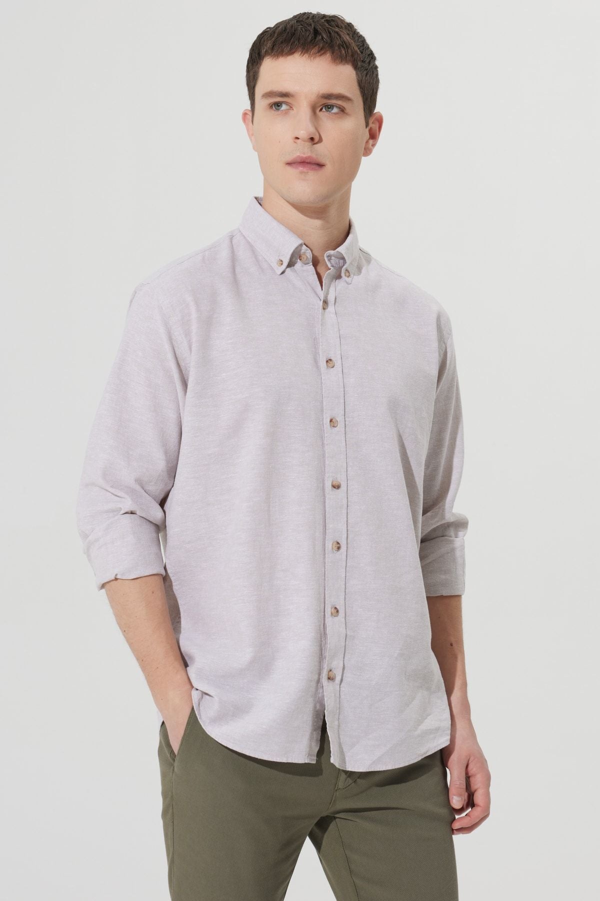 Men's Beige Linen Comfort Fit Casual Cutting Buttoned Neck Shirt