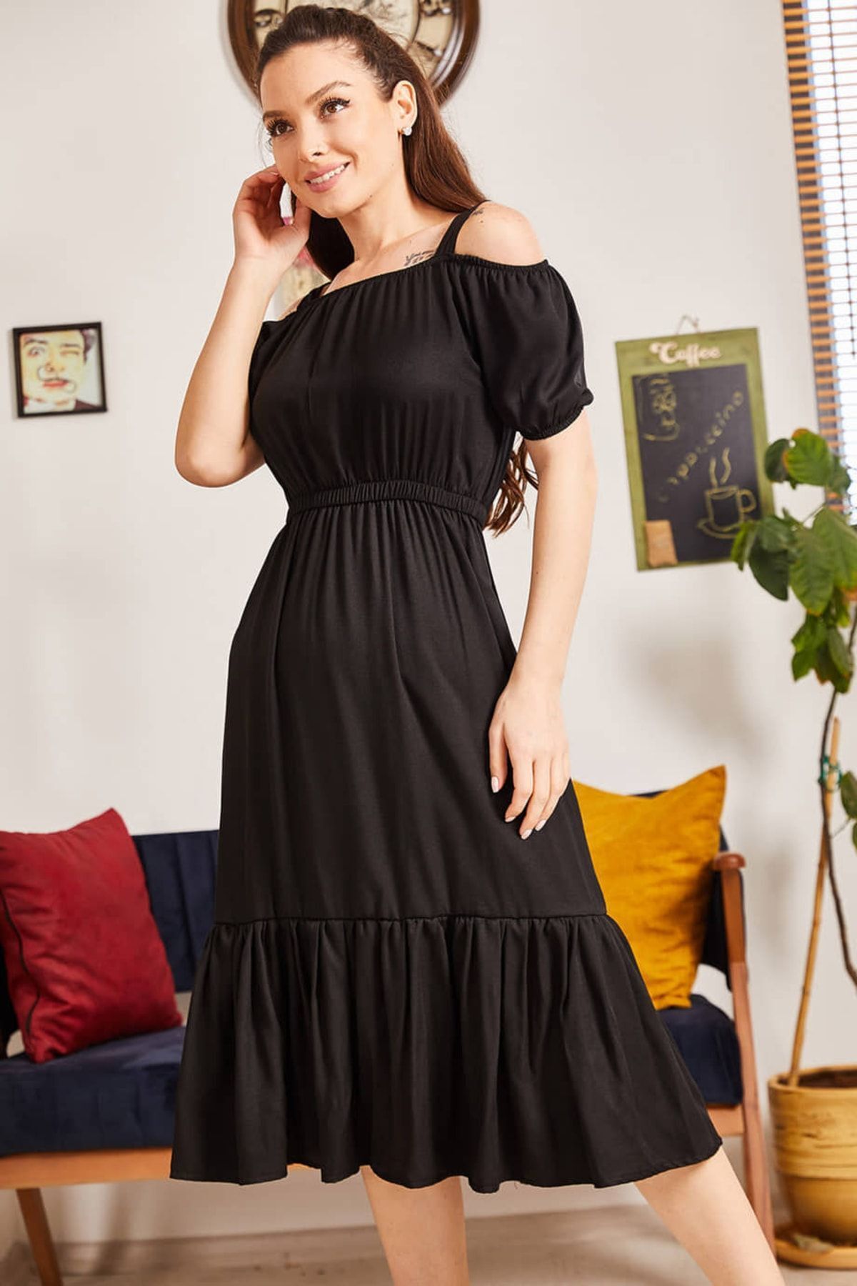 WOMEN BLACK WALL RUBLED HANDLED DRESS ARM-21K001214