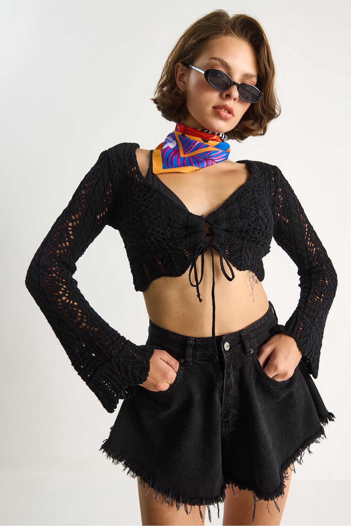 Women's Tie-Front Openwork Knitted Blouse 20259805