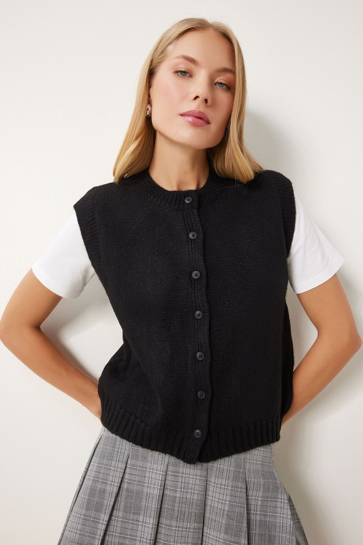 Women's black bike collar button knitwear vest US00947