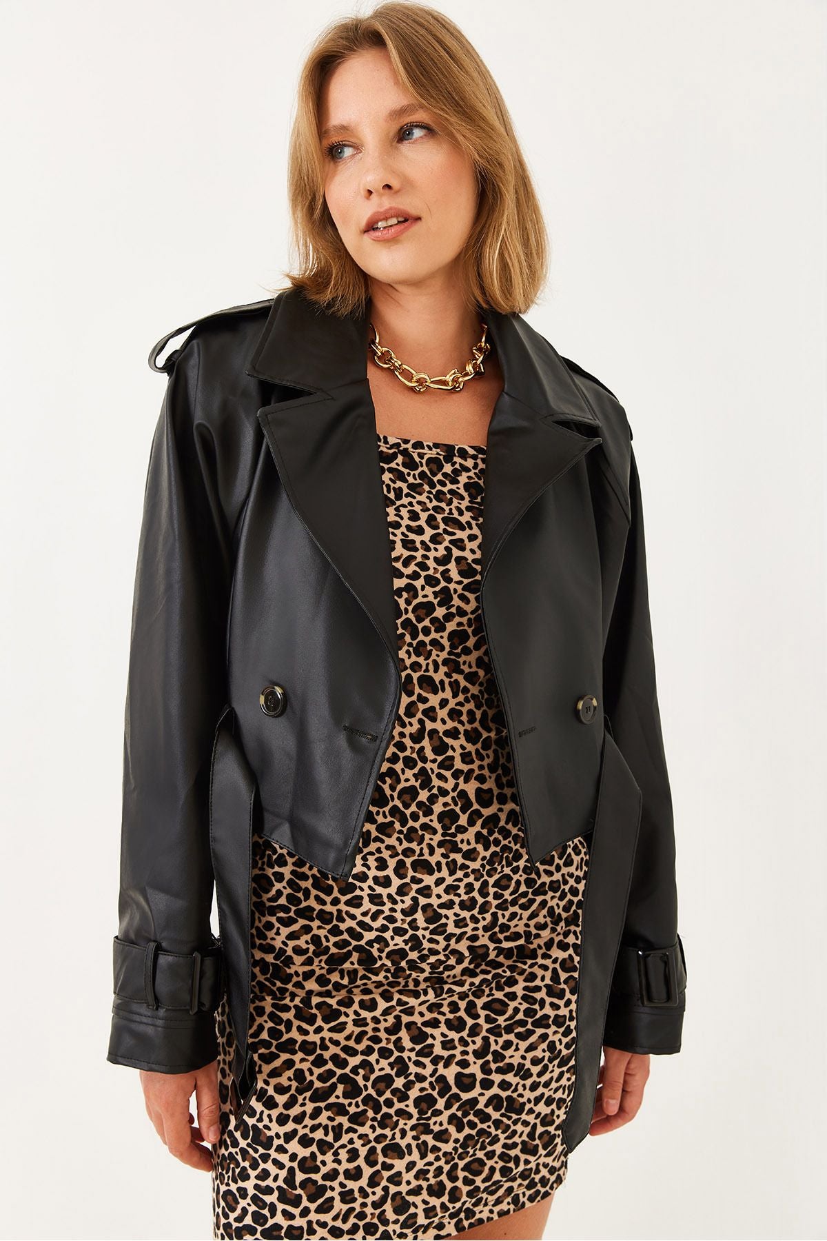 Women's Arm Belt Detail Short Leather Trench Coat 2386 60251852