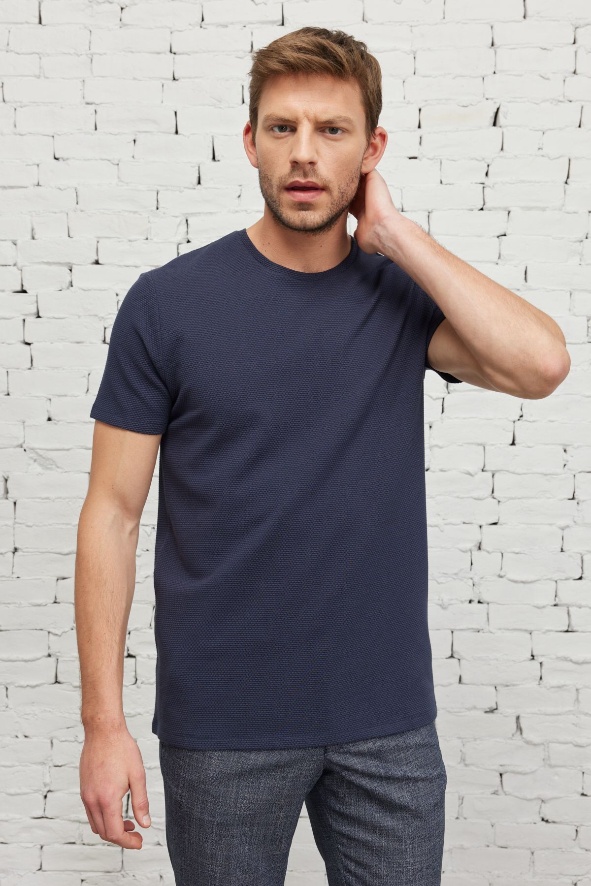 Men's navy blue slim fit narrow cut modal bike collar soft button flexible basic t -shirt