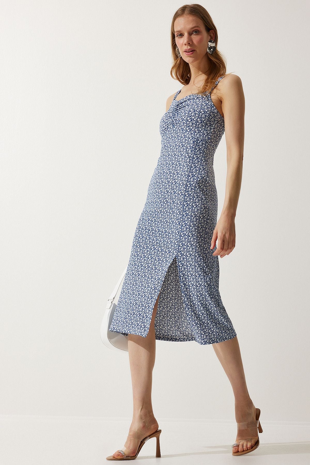 Woman Navy blue double strap pattern knitted dress mc00262