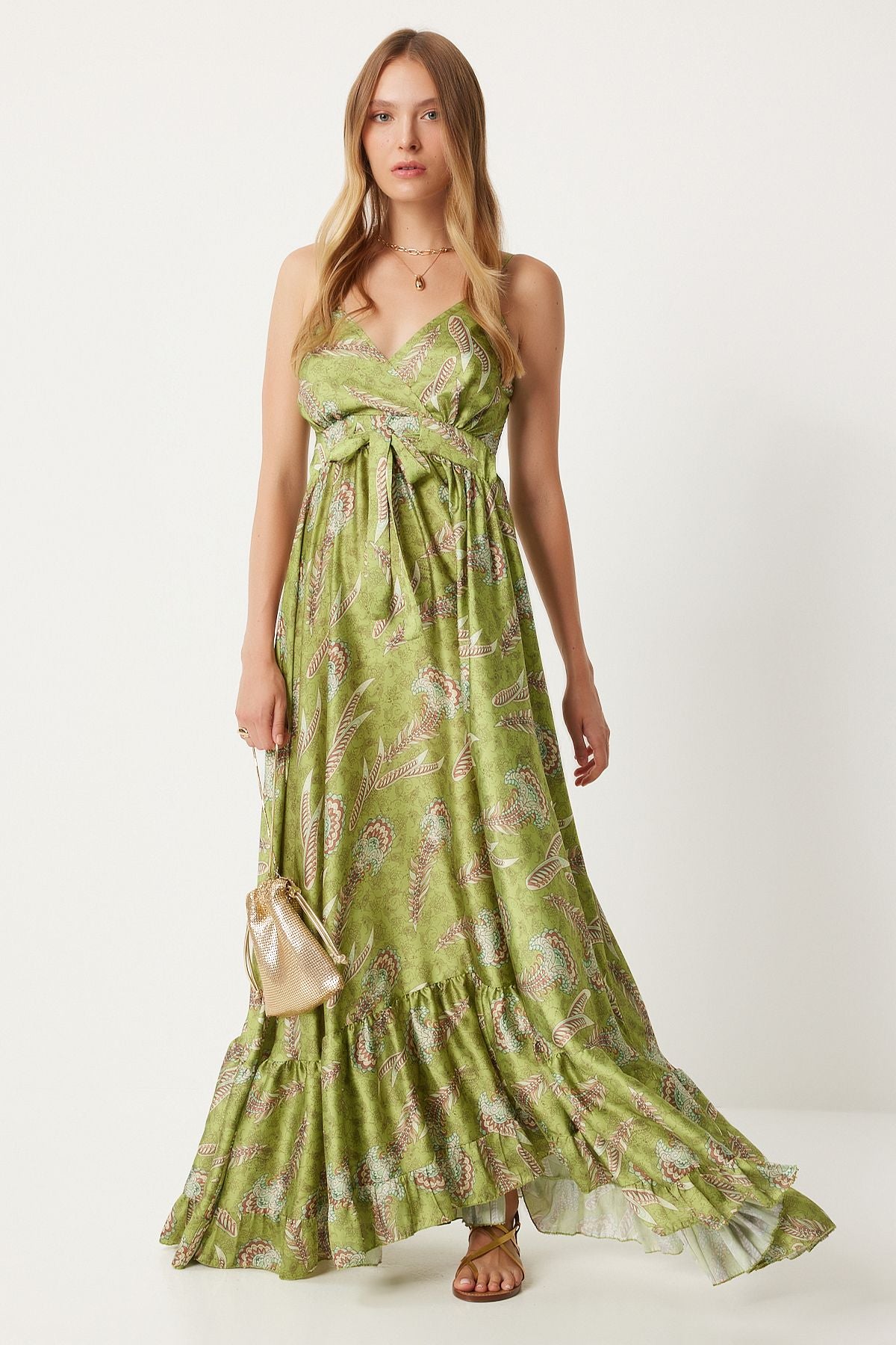 Women's Fat Green Patterned Satin Surface Summer Dress DP00208