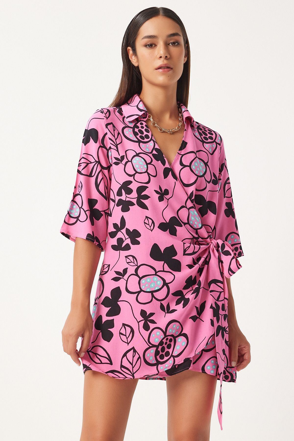 Female Pink Patterned Summer Viscose Anvelop Dress FN03226